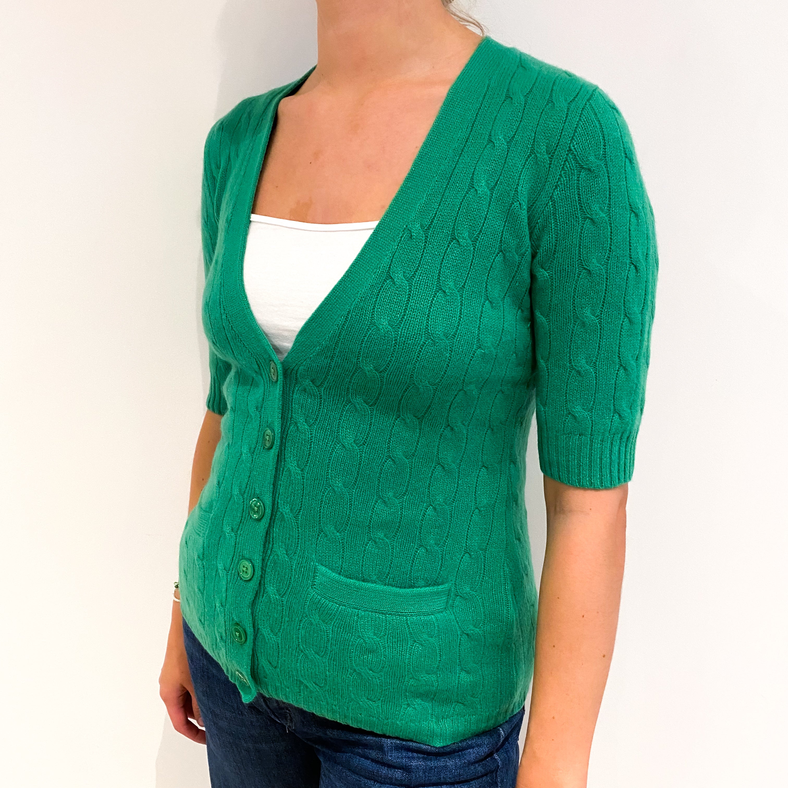 Ralph Lauren Pea Green Cable Knit Short Sleeved Cashmere Cardigan Small