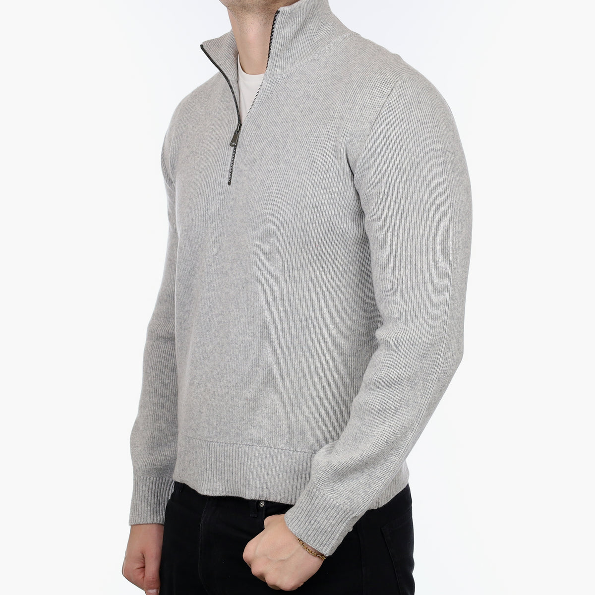 Men’s Brand New Scottish Mist Grey Heavy Knit Cashmere 1/4 Zip Jumper XL