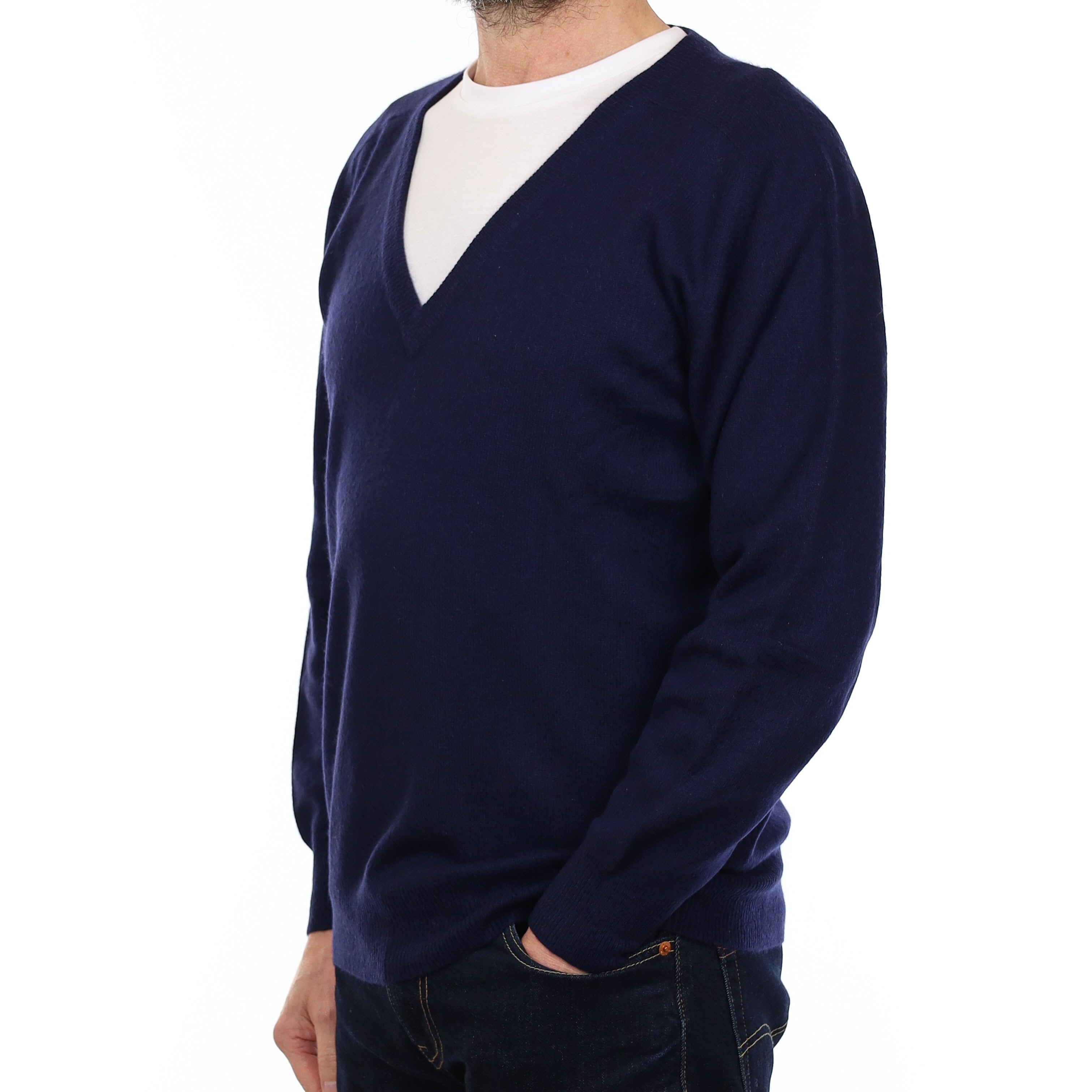 Men's Navy Blue Cashmere V Neck Jumper Small