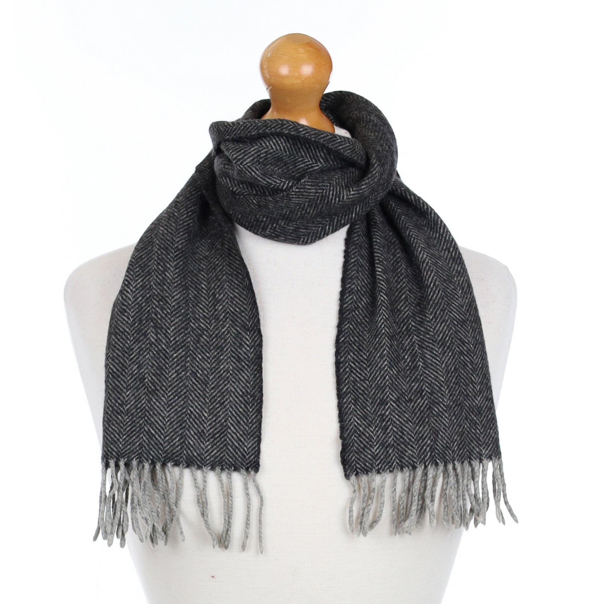 Charcoal Herringbone Cashmere Fringed Woven Scarf