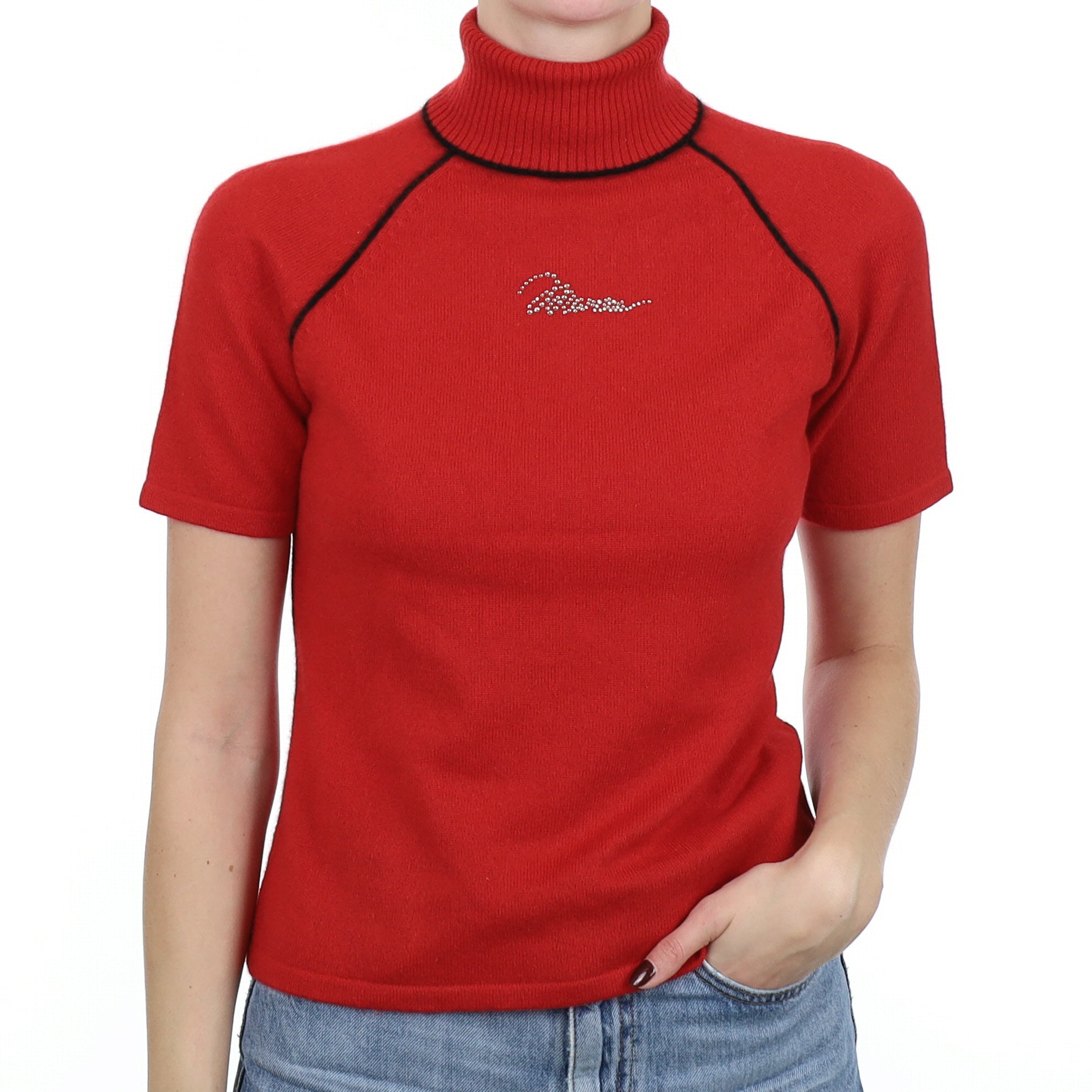 Red Black Trim Cashmere Short Sleeve Polo Neck Jumper Small