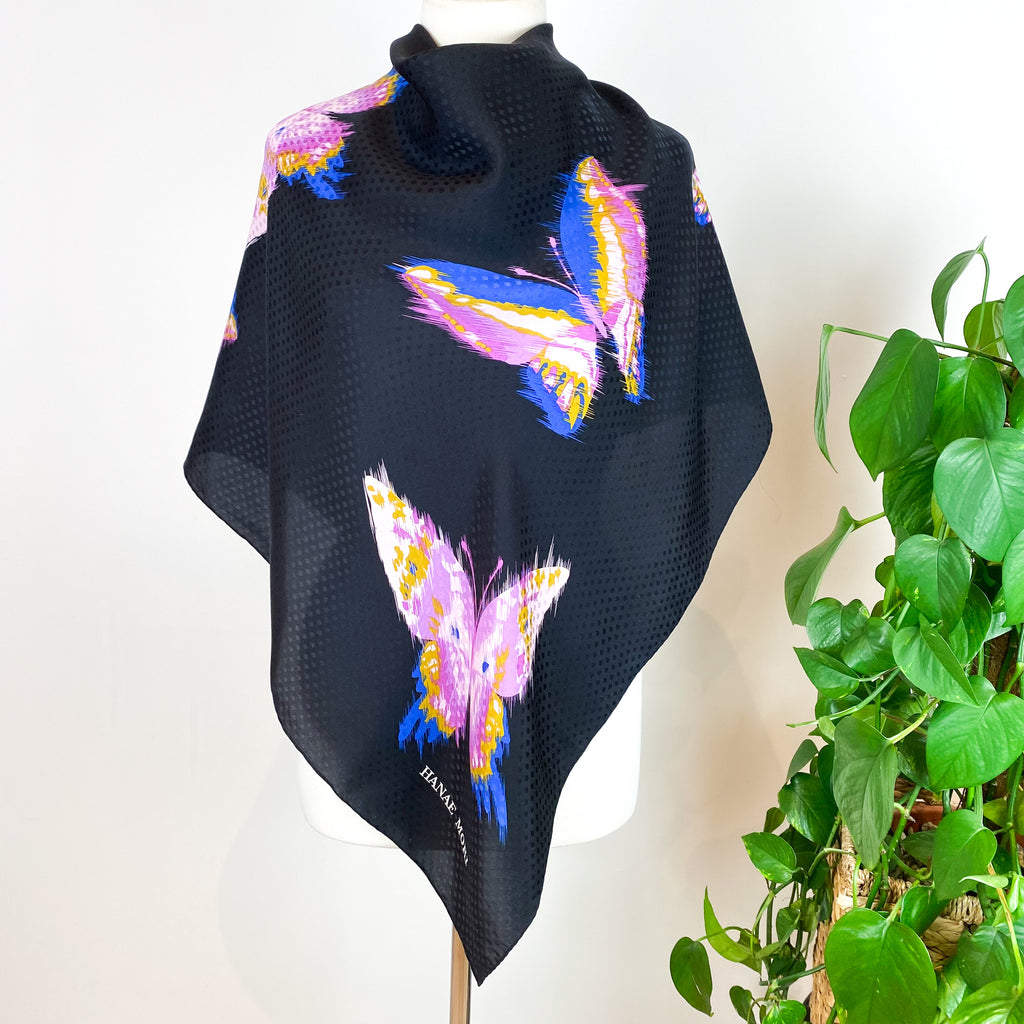 Hanae Mori Striking Black Buttetfly Silk Scarf
