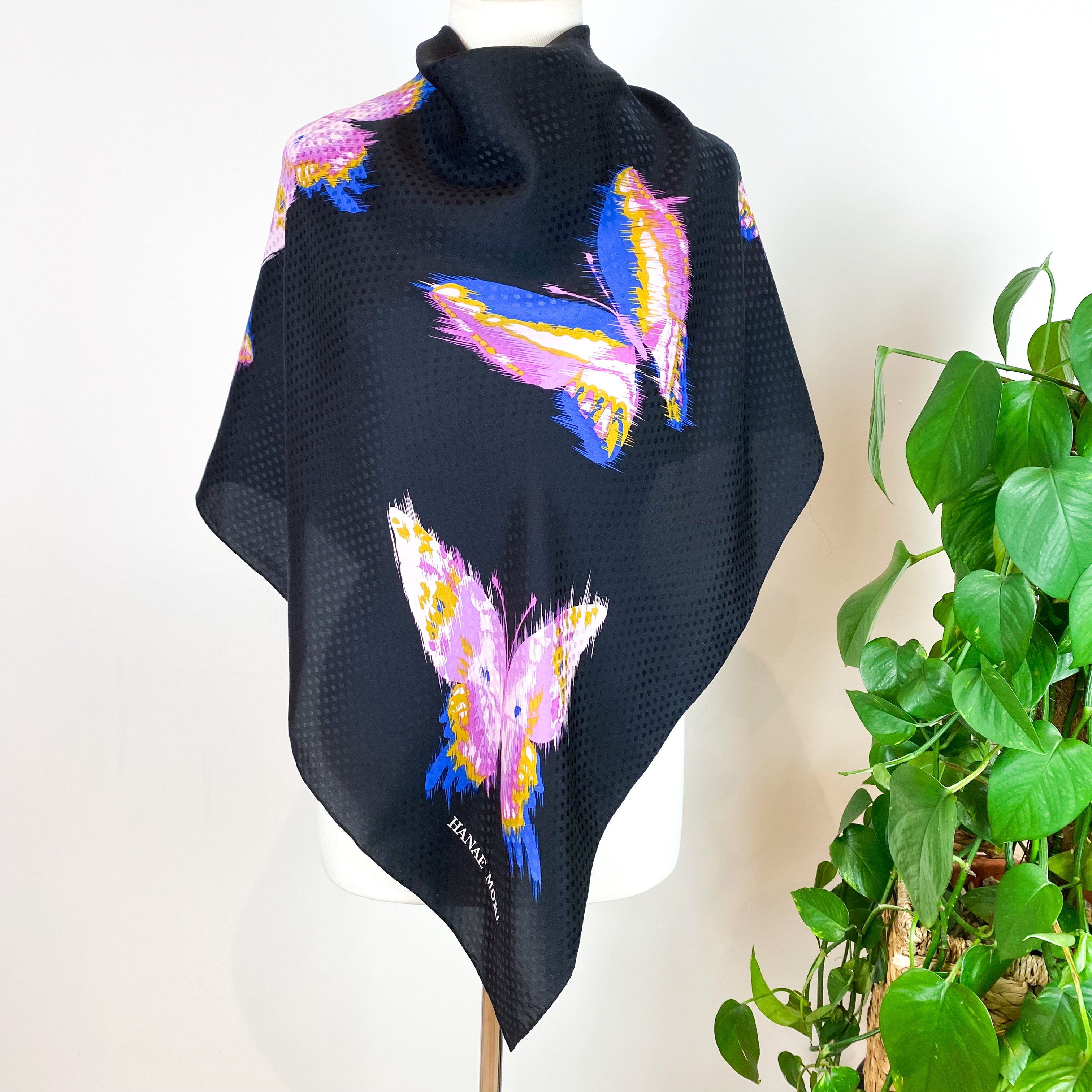 Hanae Mori Striking Black Buttetfly Silk Scarf