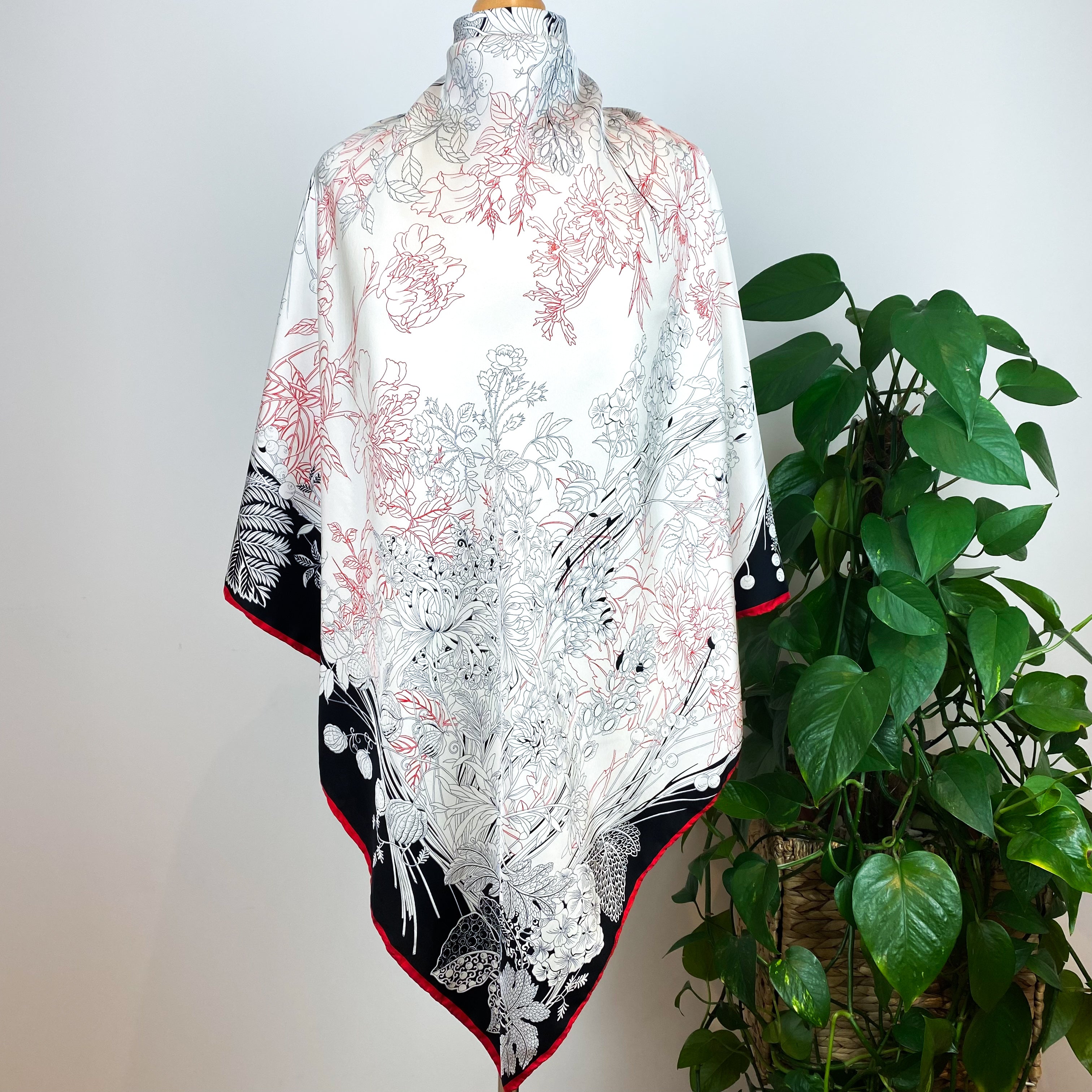 Black White and Red Etched Silk Scarf