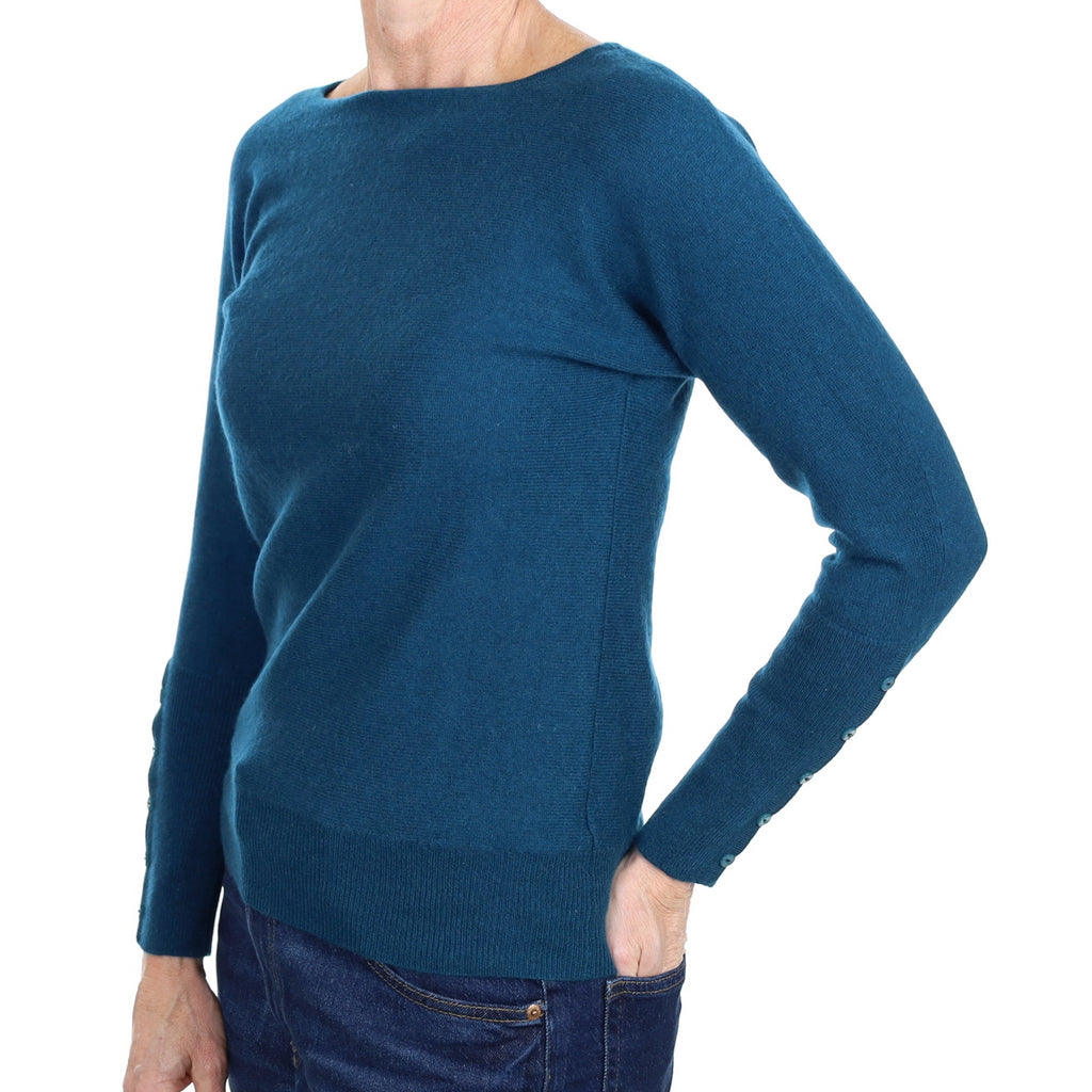 Petrol Blue Cashmere Batwing Slash Neck Jumper Small