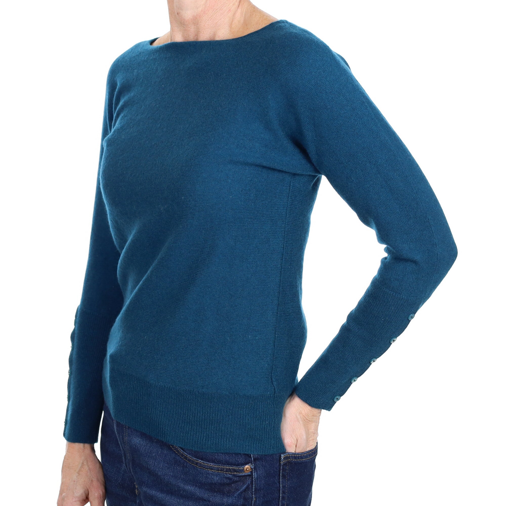 Petrol Blue Cashmere Batwing Slash Neck Jumper Small