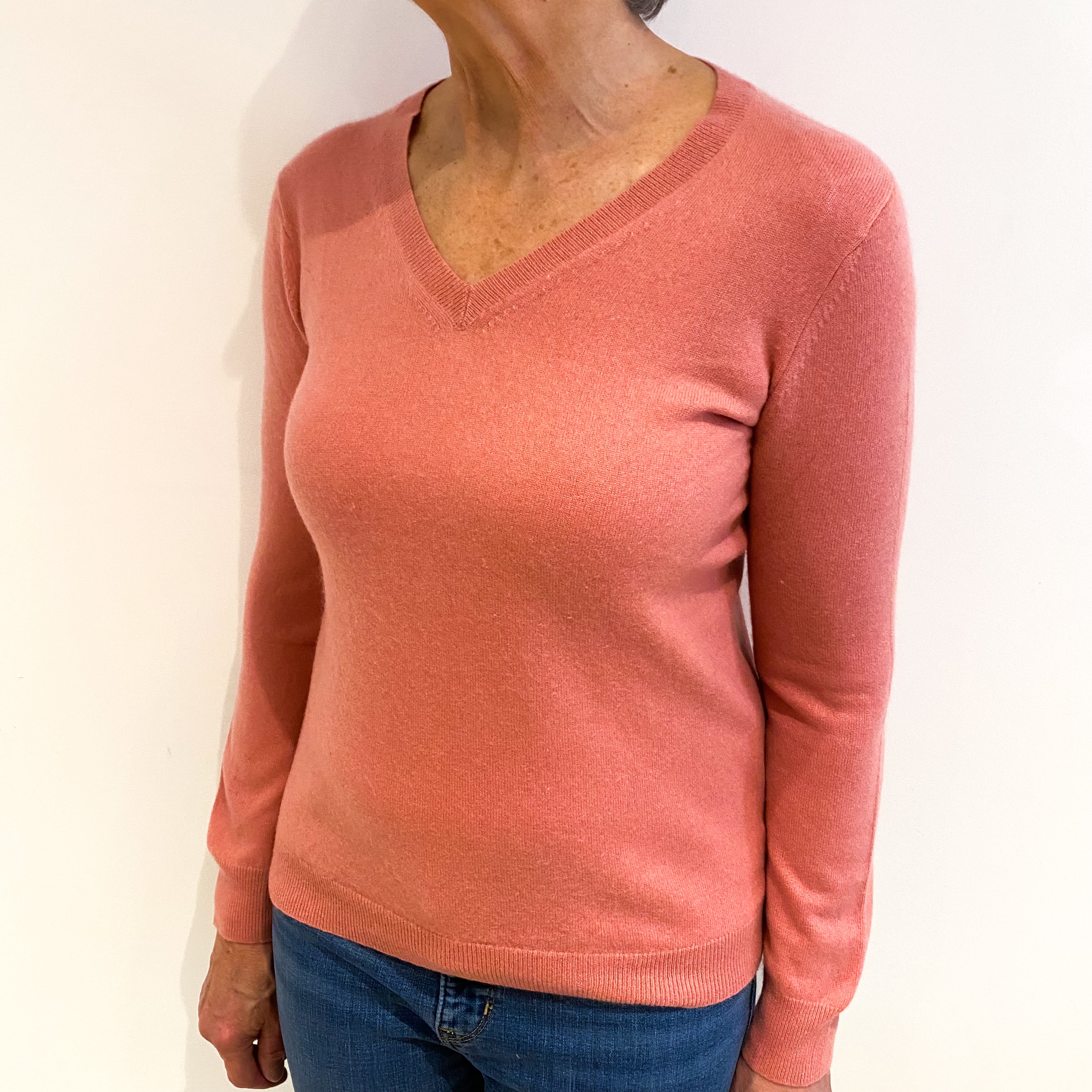 Old Rose Pink Cashmere V Neck Jumper Medium