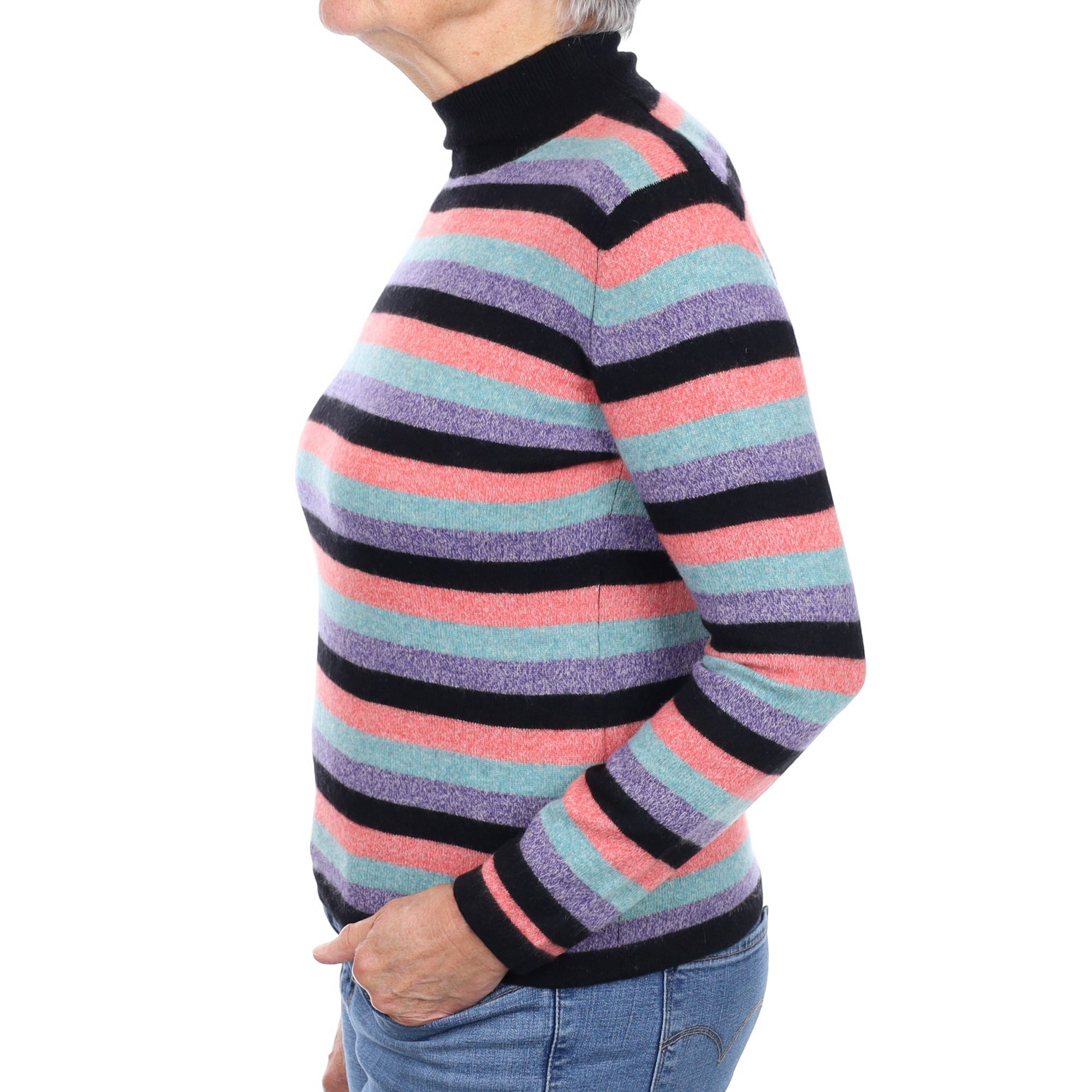 Black Colourful Stripe Cashmere Turtle Neck Jumper Medium
