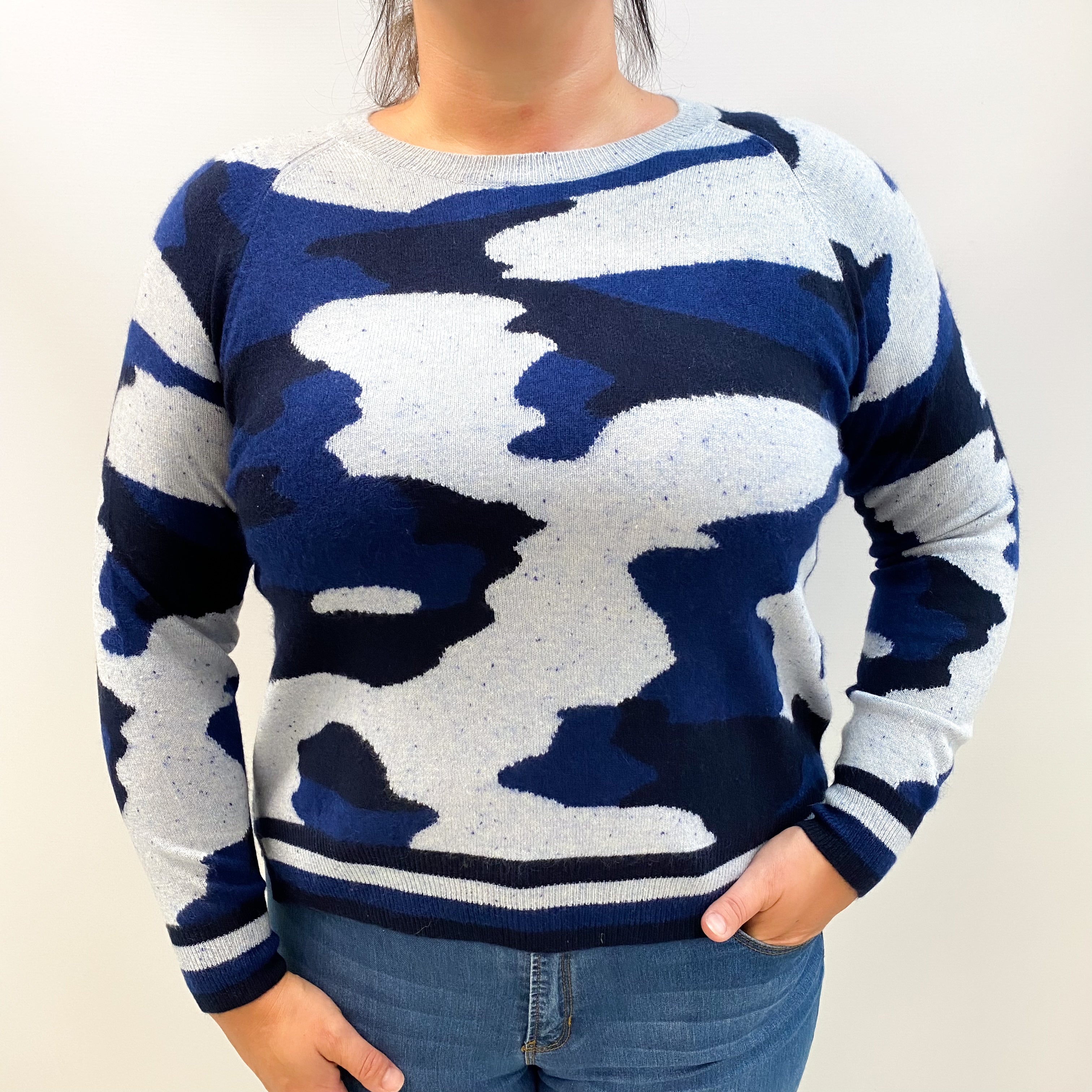 Blue Camouflage Cashmere Crew Neck Jumper Large