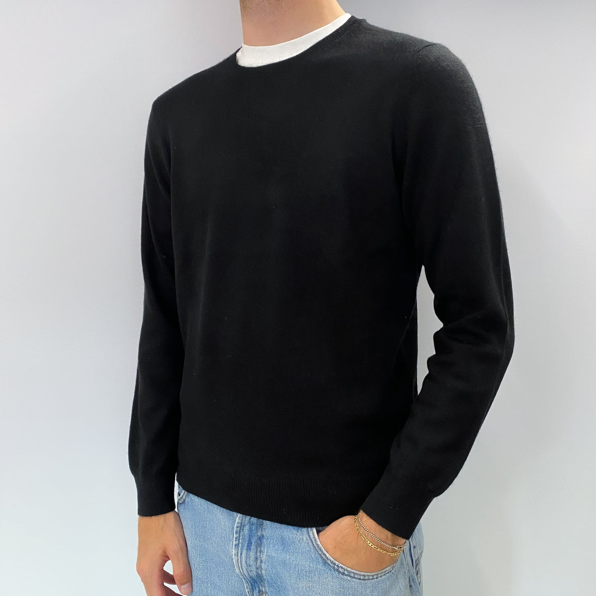 Men's Black Cashmere Crew Neck Jumper Medium