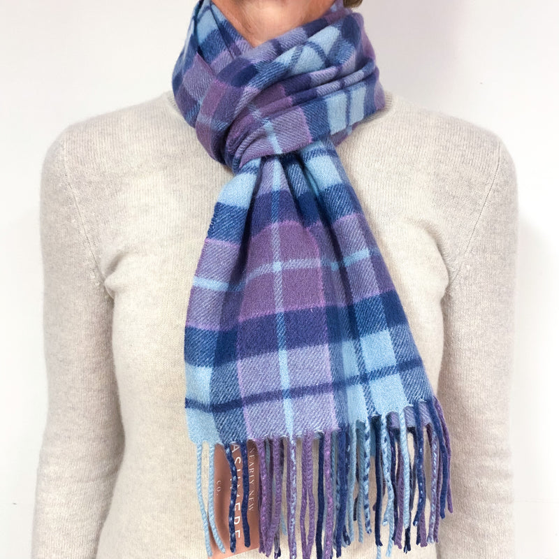 Navy Blue, Turquoise and Purple Tartan Cashmere Fringed Woven Scarf
