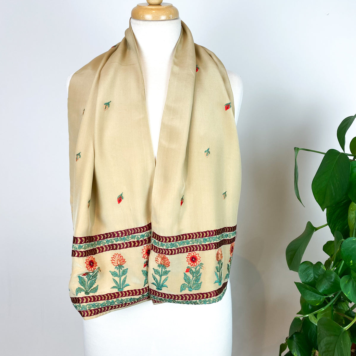 Pretty Embroidered Long Vintage Silk Scarf