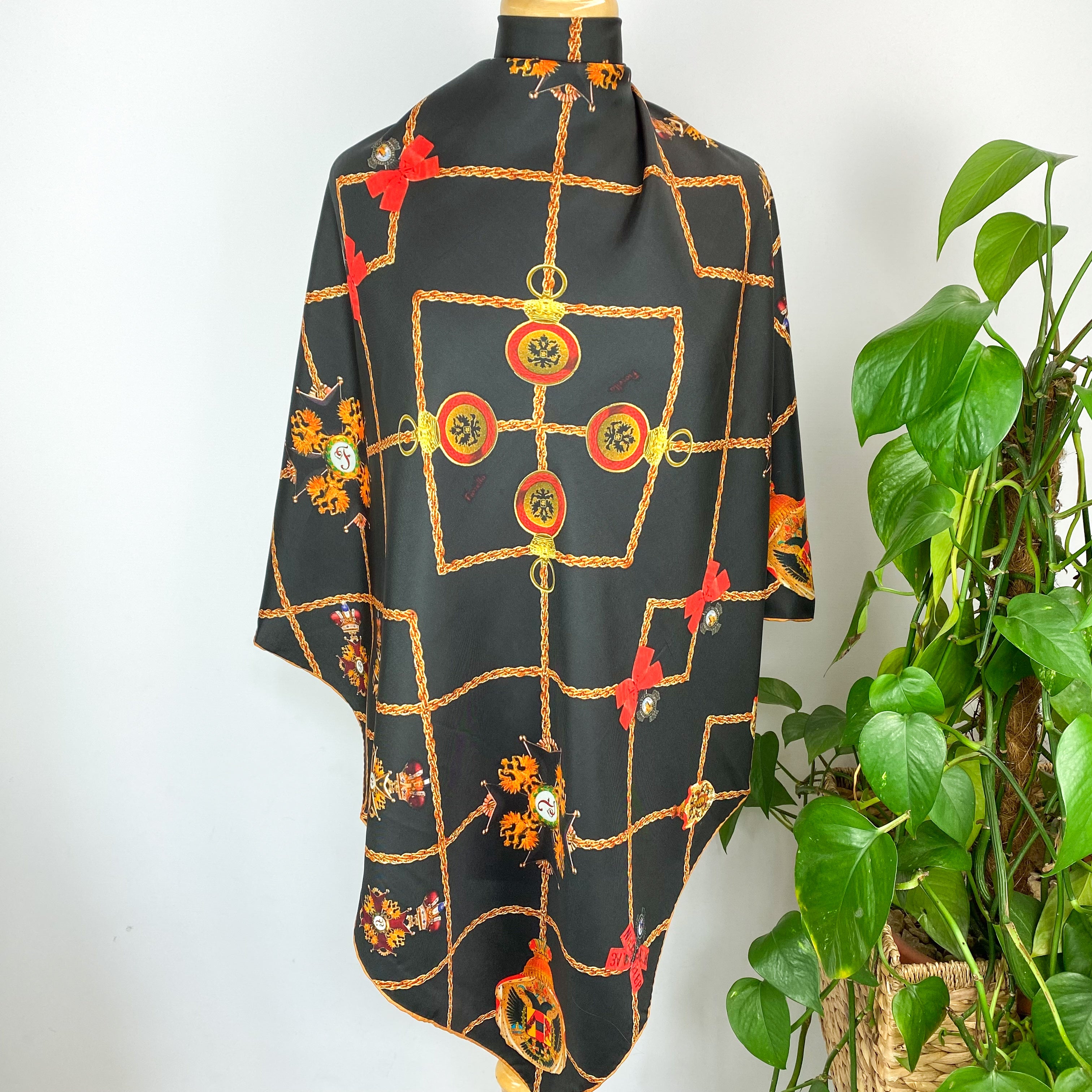 Black Patterned Fiorella Silk Scarf