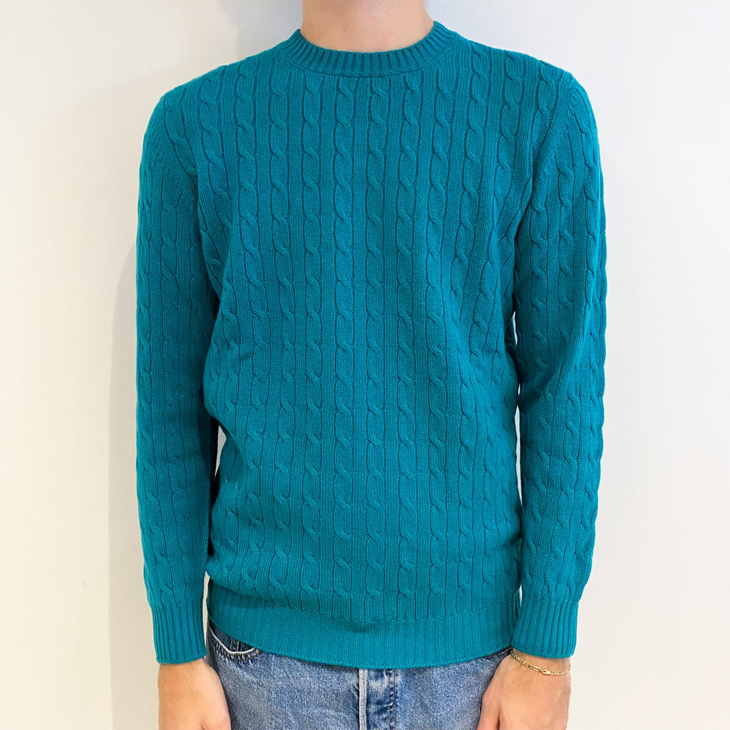 Men’s Brand New Scottish Aqua Green Cable Crew Neck Jumper Large