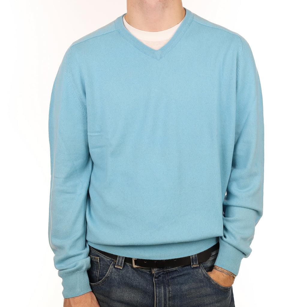 Men’s Aqua Blue Cashmere V Neck Jumper Large
