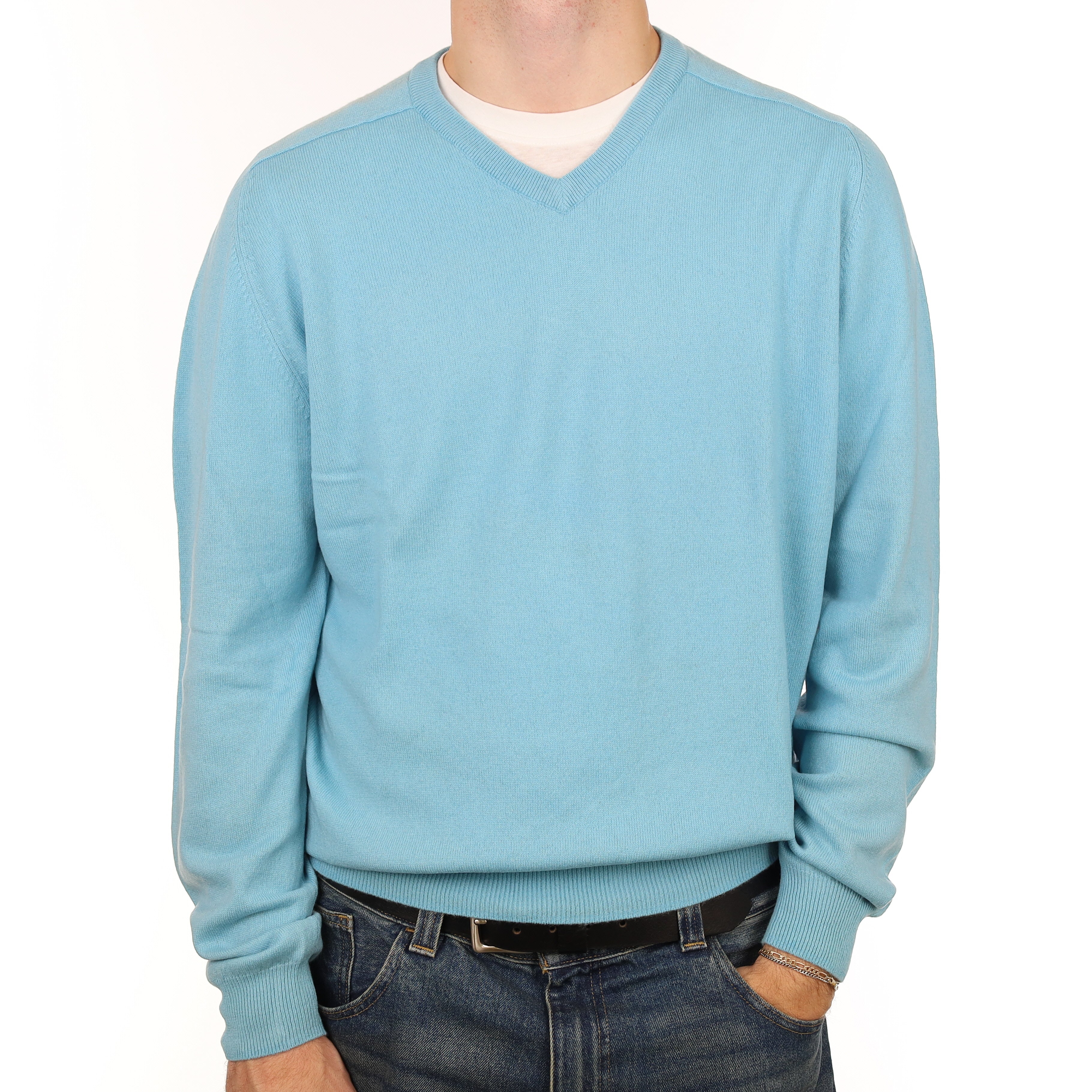 Men’s Aqua Blue Cashmere V Neck Jumper Large