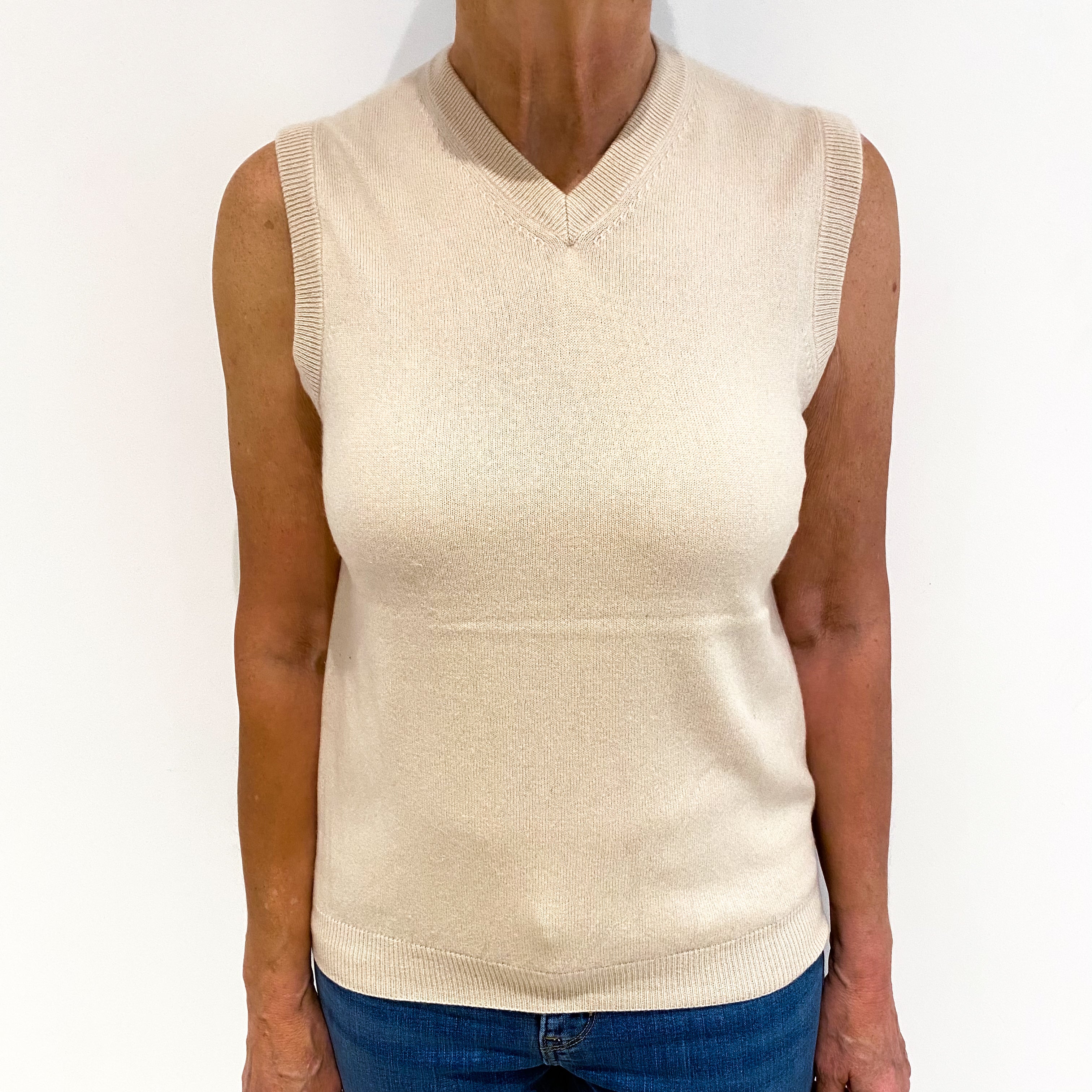 Soft Beige Cashmere V Neck Tank Top Medium