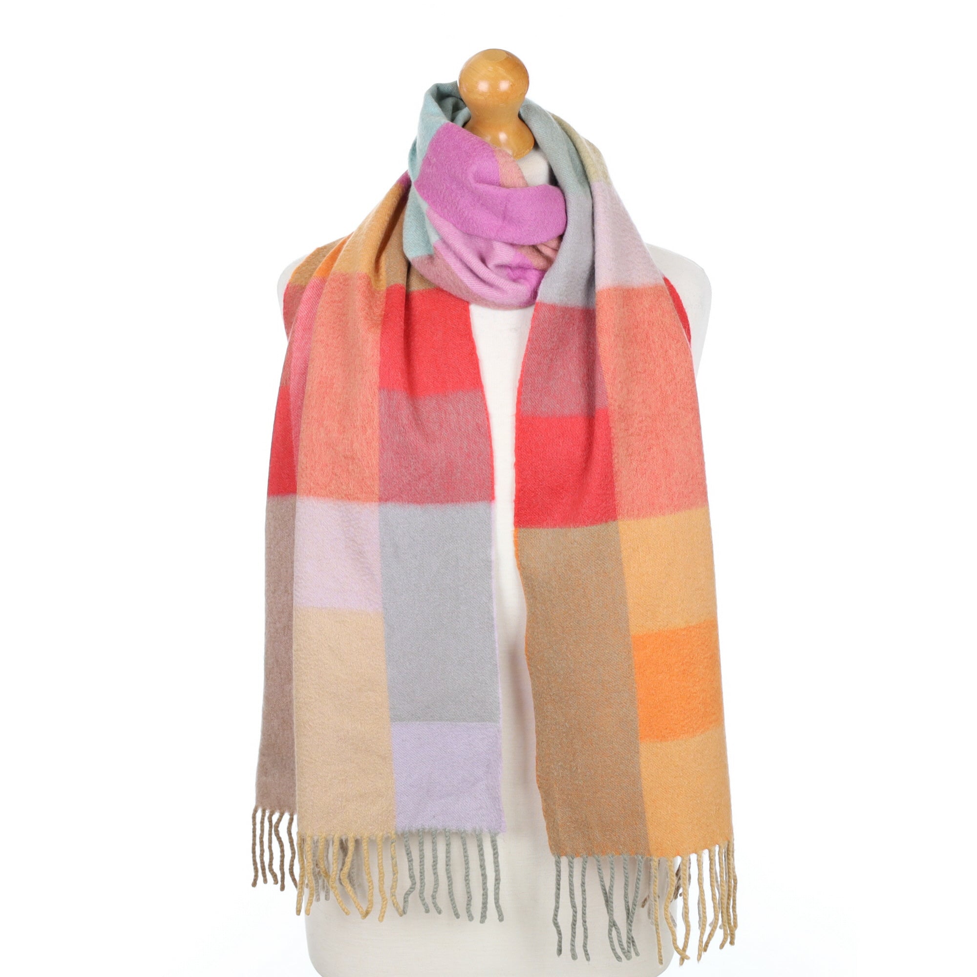 Rainbow Checked Fringed Cashmere Woven Scarf