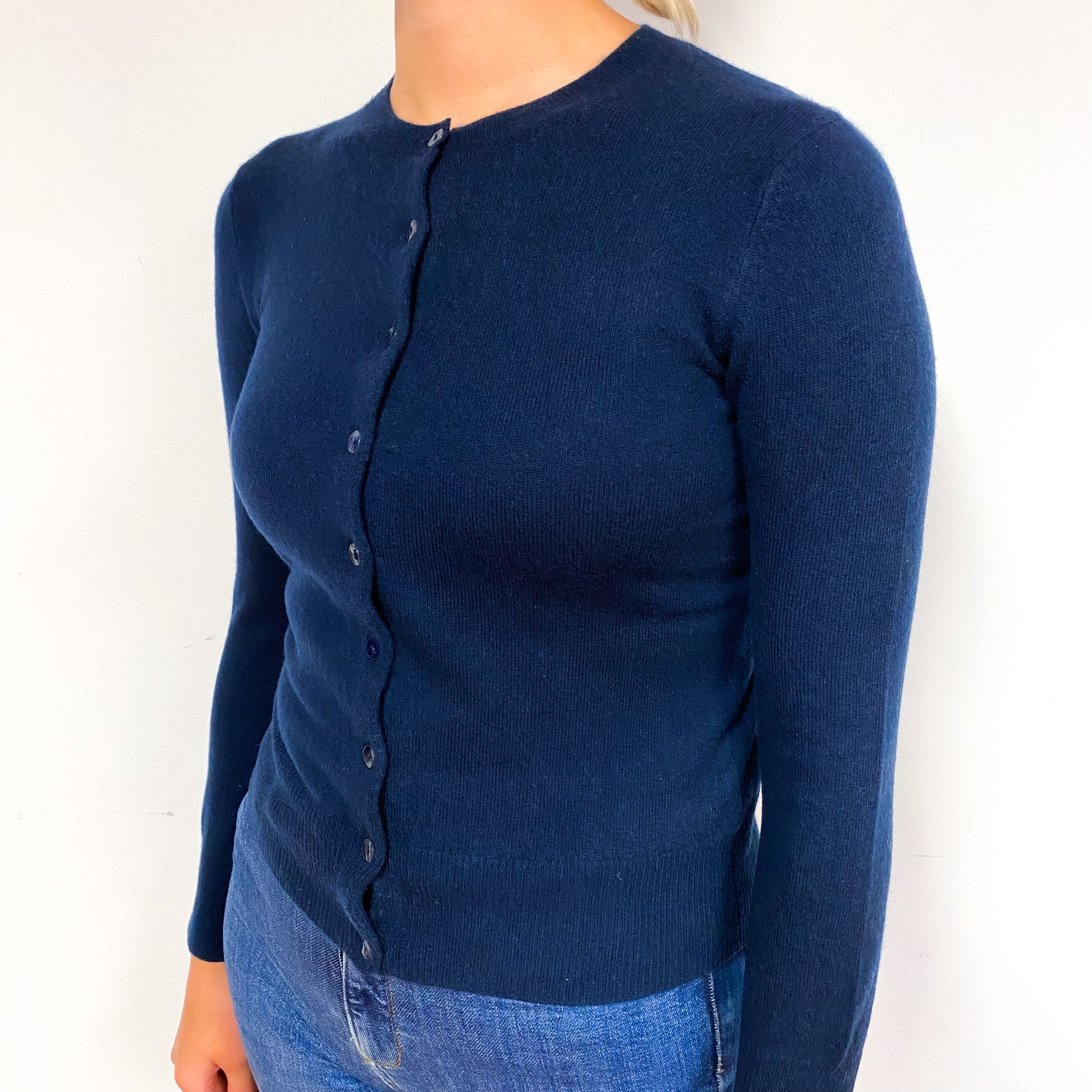 Navy Blue Cashmere Crew Neck Cardigan Small