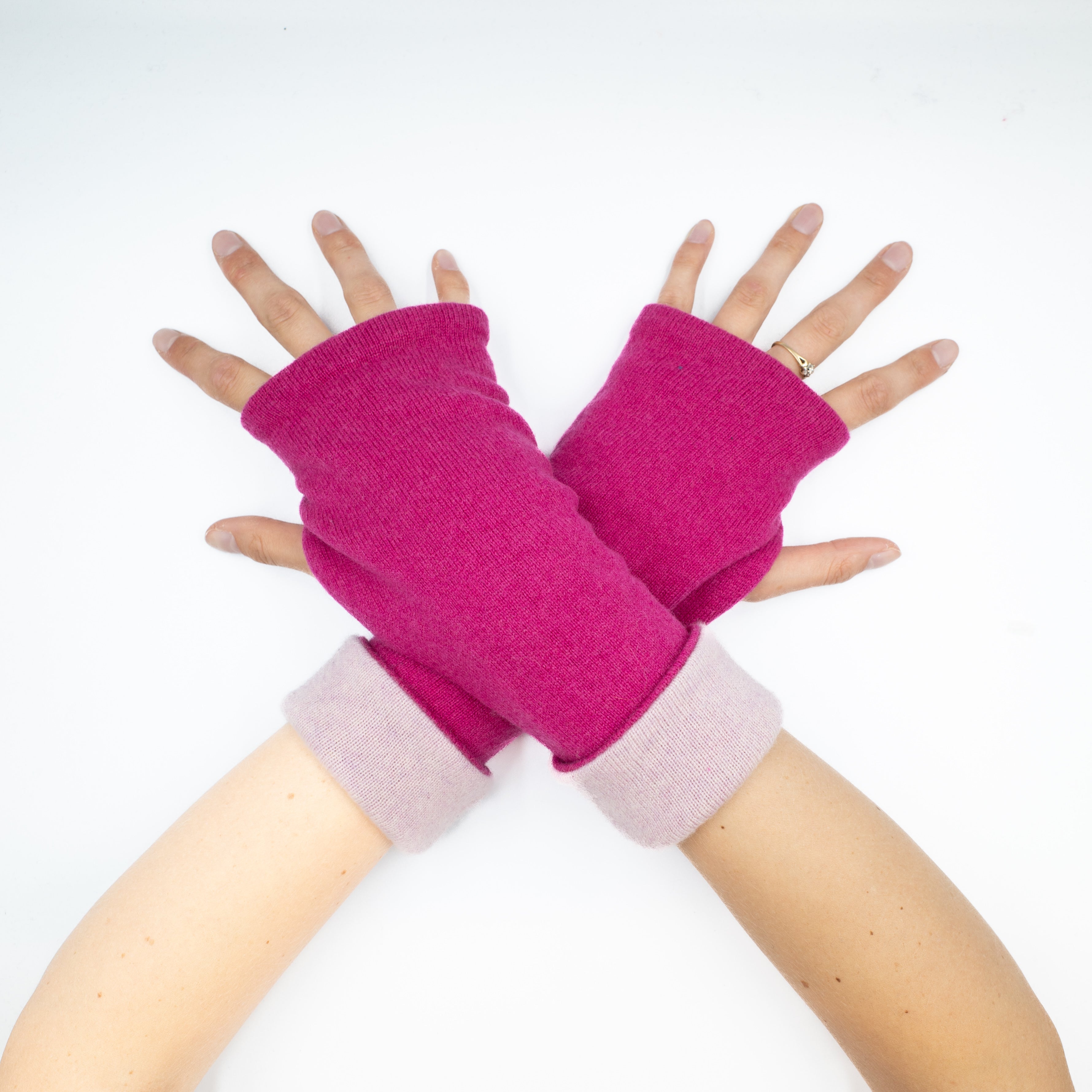 Fuchsia Pink and Faded Lilac Reversible Fingerless Gloves