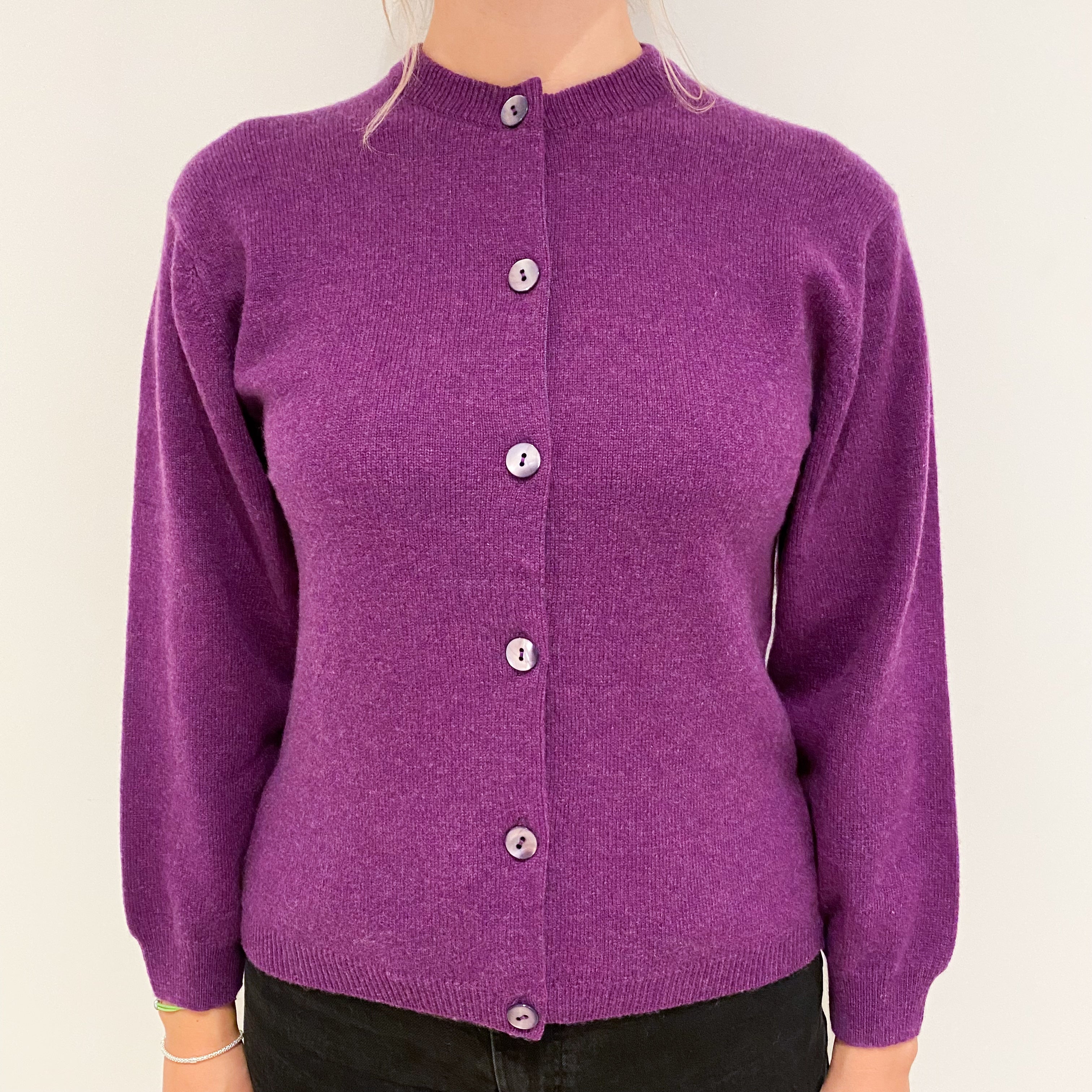 Brand New Scottish Plum Purple Cashmere Crew Neck Cardigan Small