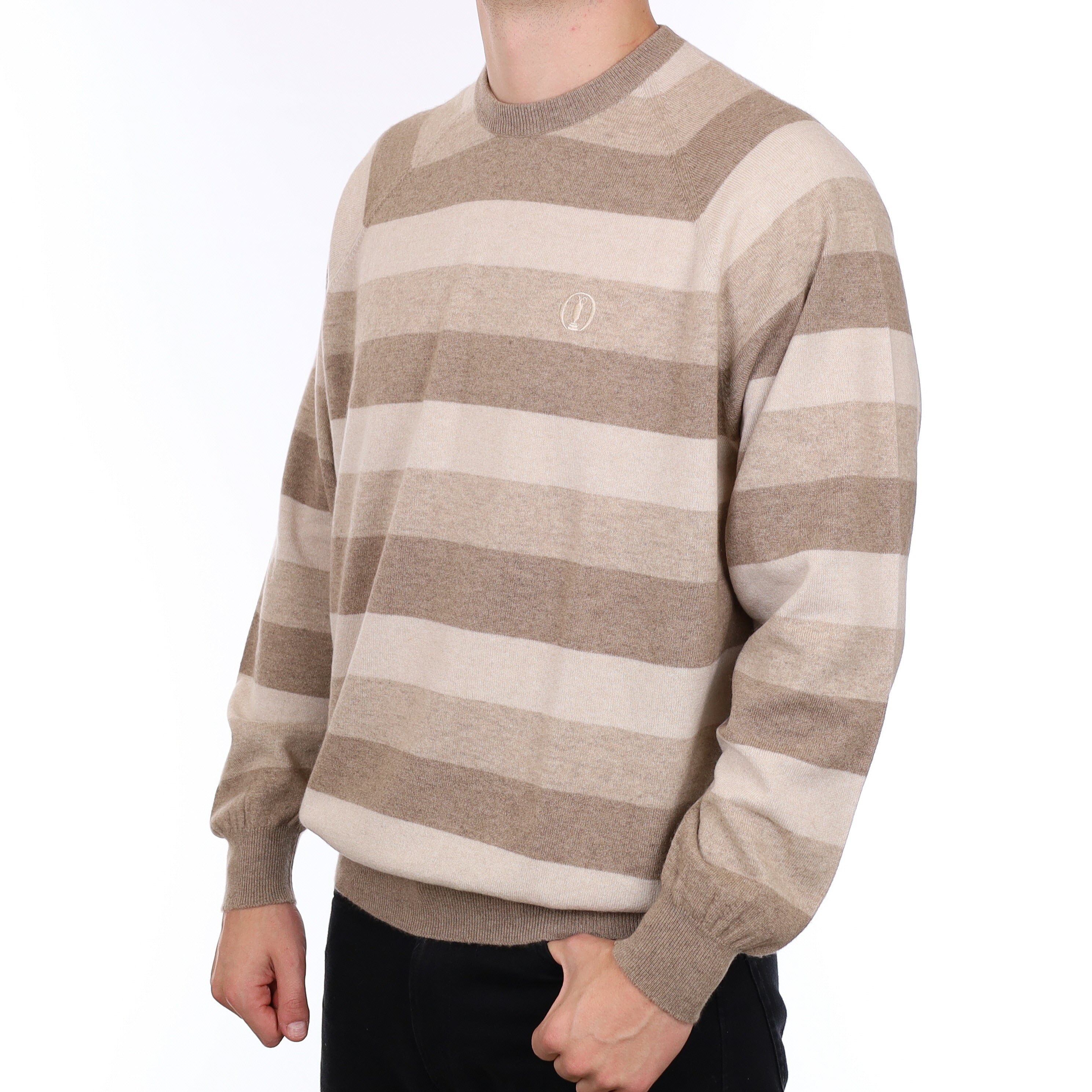 Men’s Brand New Scottish Hawico Golf Fawn Stripe Cashmere Crew Neck Jumper XXXL