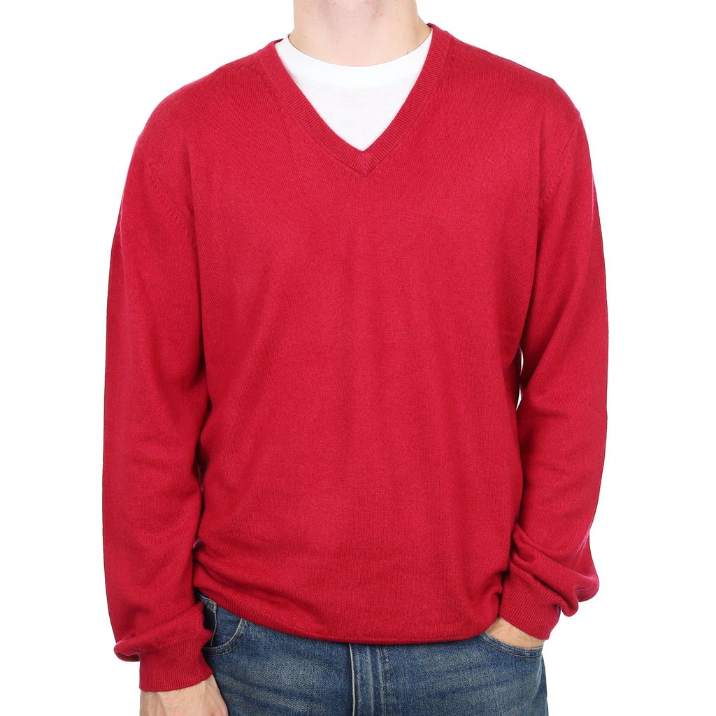 Men’s Cherry Red Cashmere V Neck Jumper Large