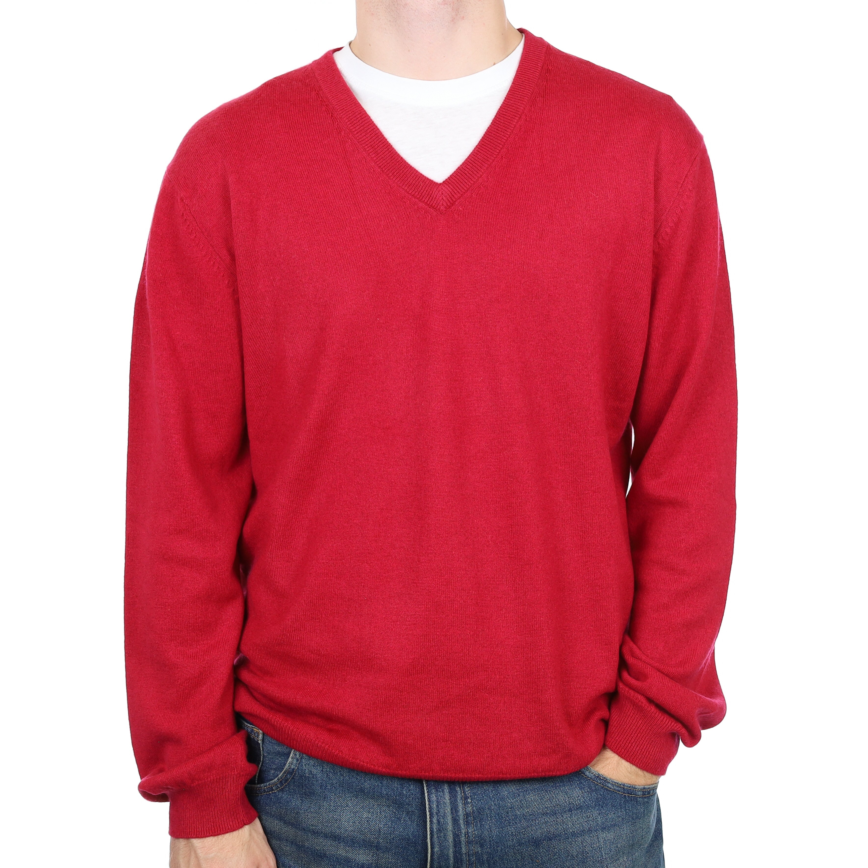 Men’s Cherry Red Cashmere V Neck Jumper Large