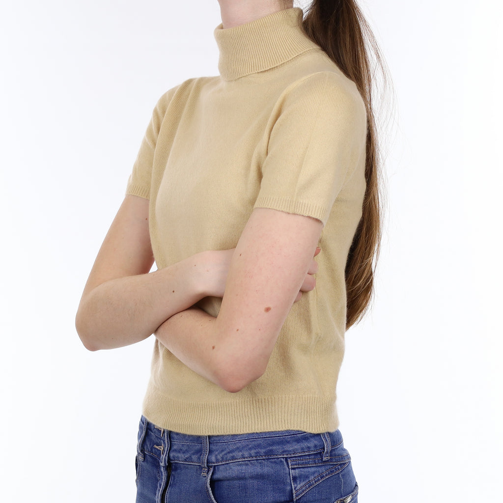 Pale Caramel Cashmere Short Sleeved Polo Neck Jumper Extra Small