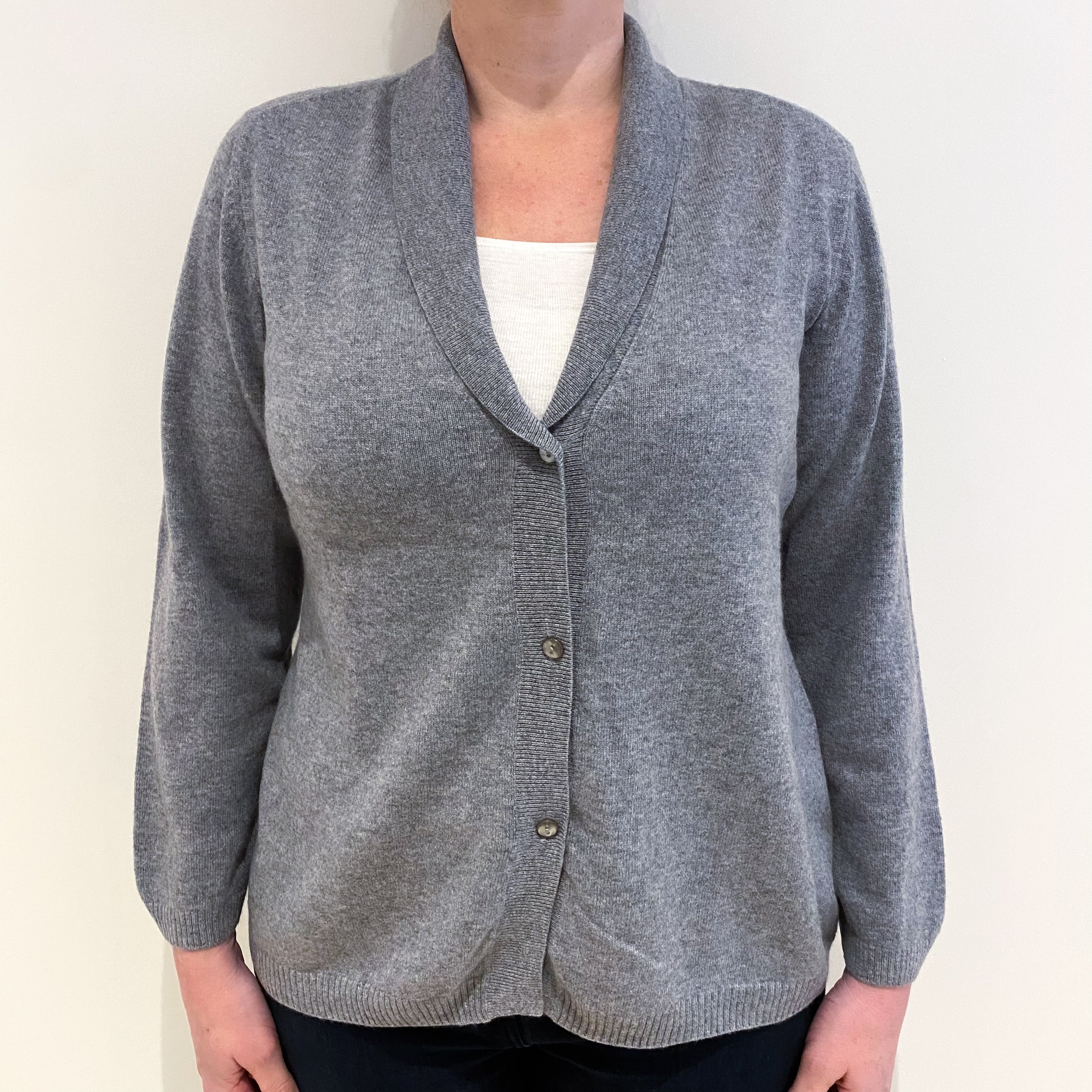 Ash Grey Cashmere Shawl Collar V Neck Cardigan Large