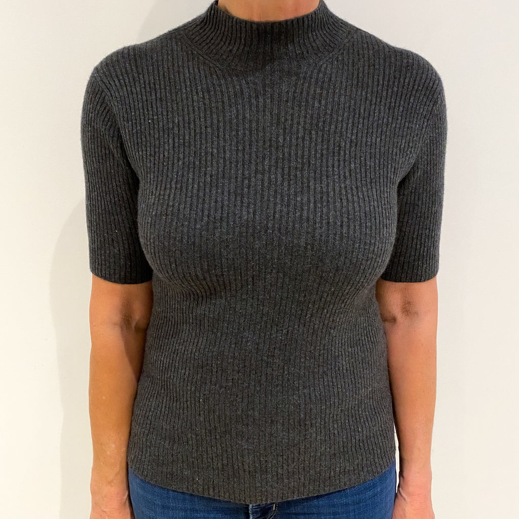 Slate Grey Cashmere Polo Neck Short Sleeved Jumper Medium