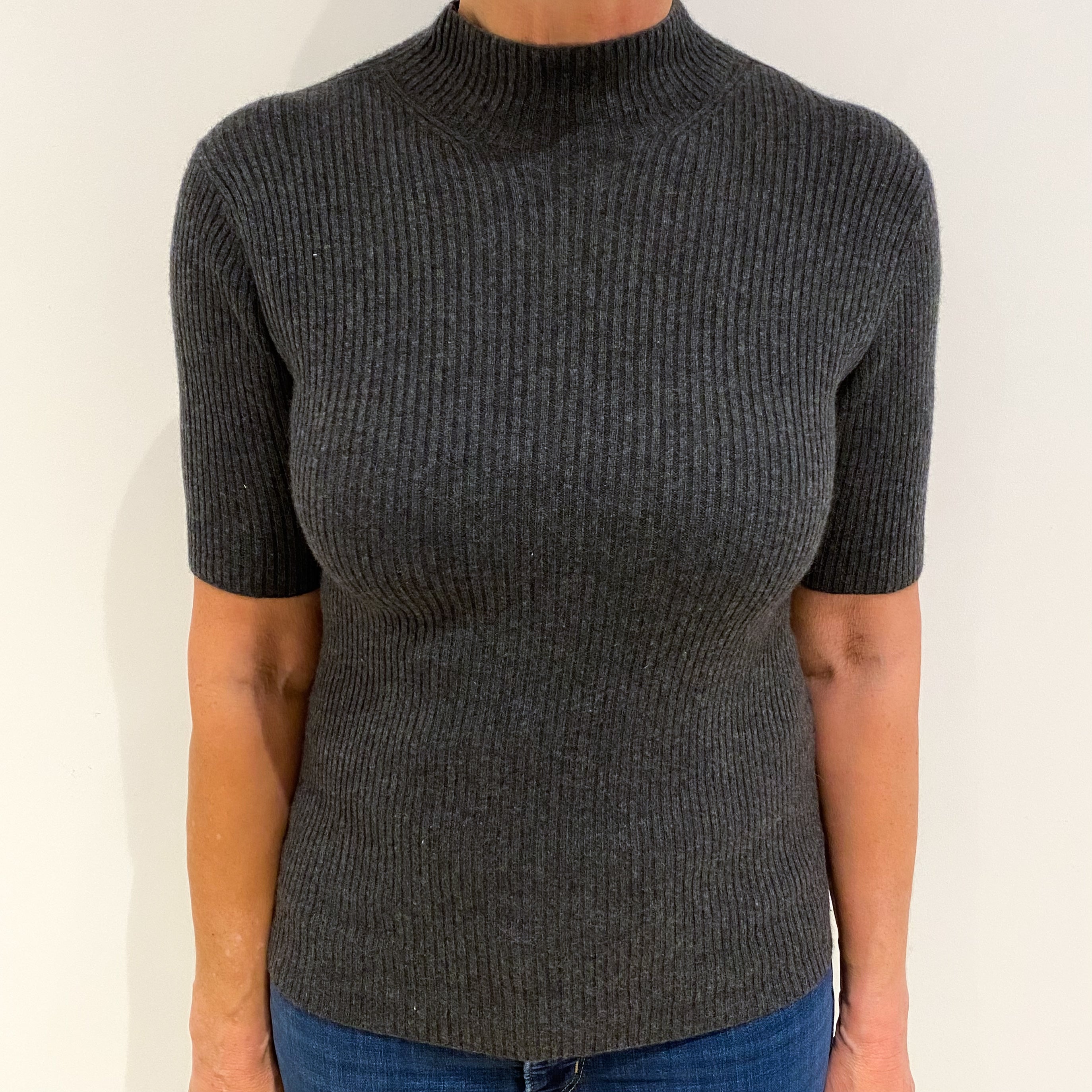 Slate Grey Cashmere Polo Neck Short Sleeved Jumper Medium