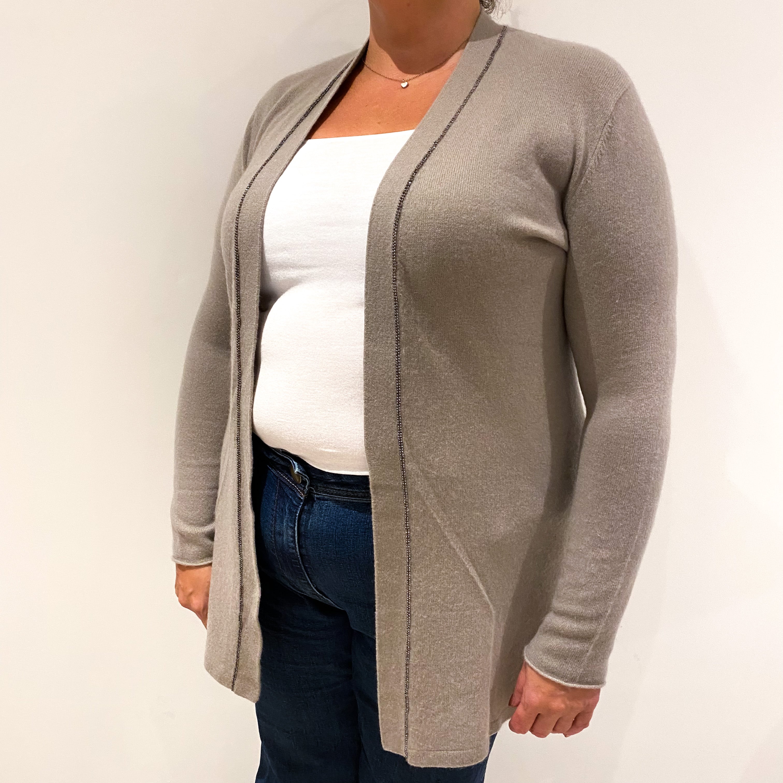 Taupe Brown Cashmere Edge To Edge Cardigan with Sparkly Bead Edging Extra Large