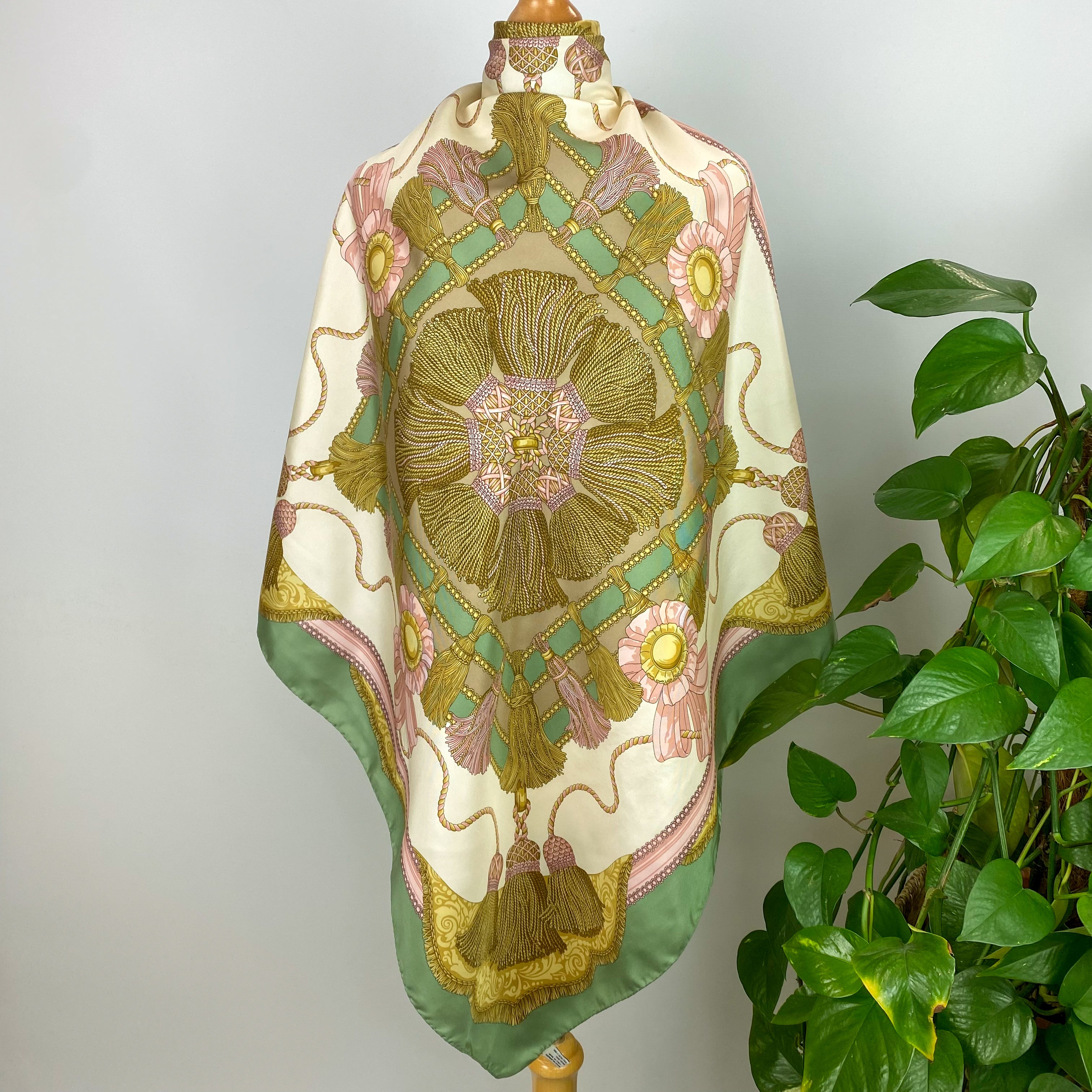 Tassled Green, Cream and Pink Silk Scarf