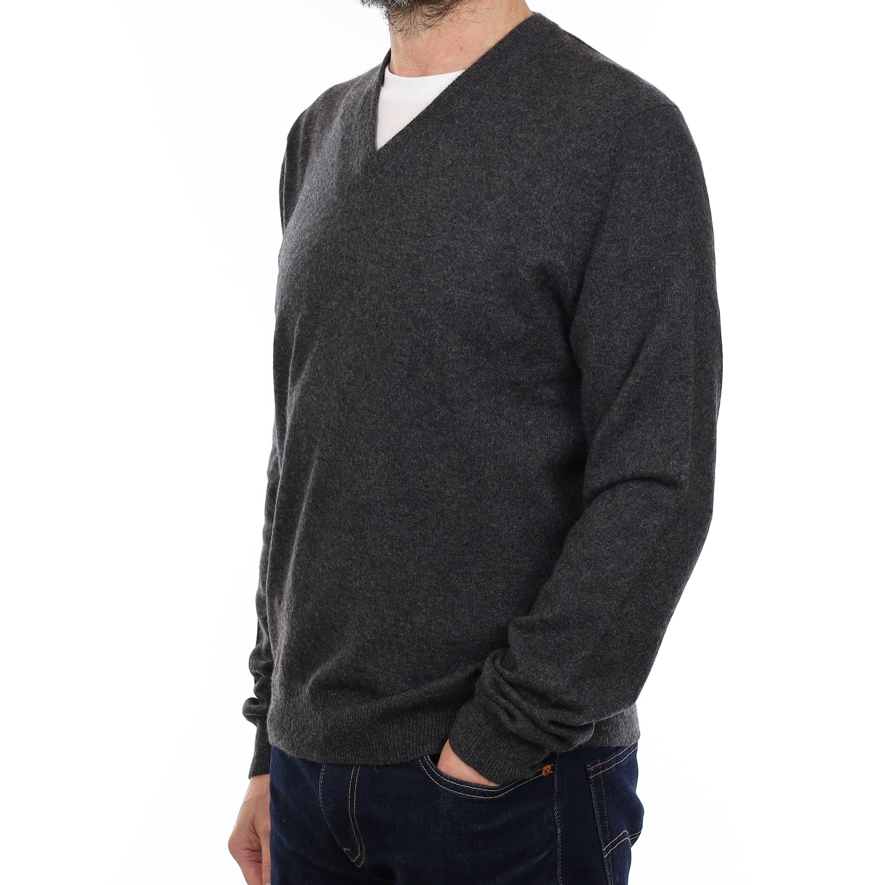 Men's Granite Grey Cashmere V Neck Jumper Small