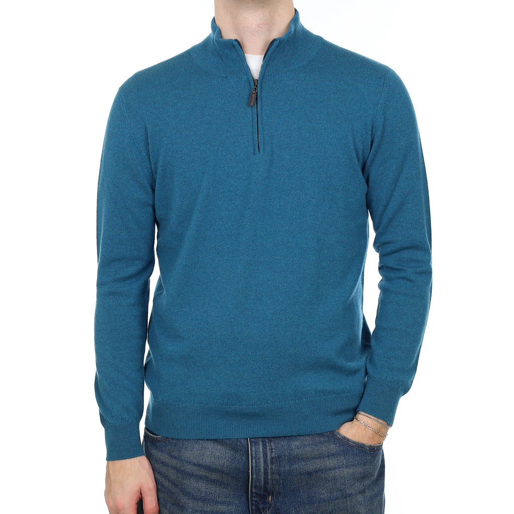 Men’s Brand New Scottish Teal Blue Cashmere 1/4 Zip Jumper Medium