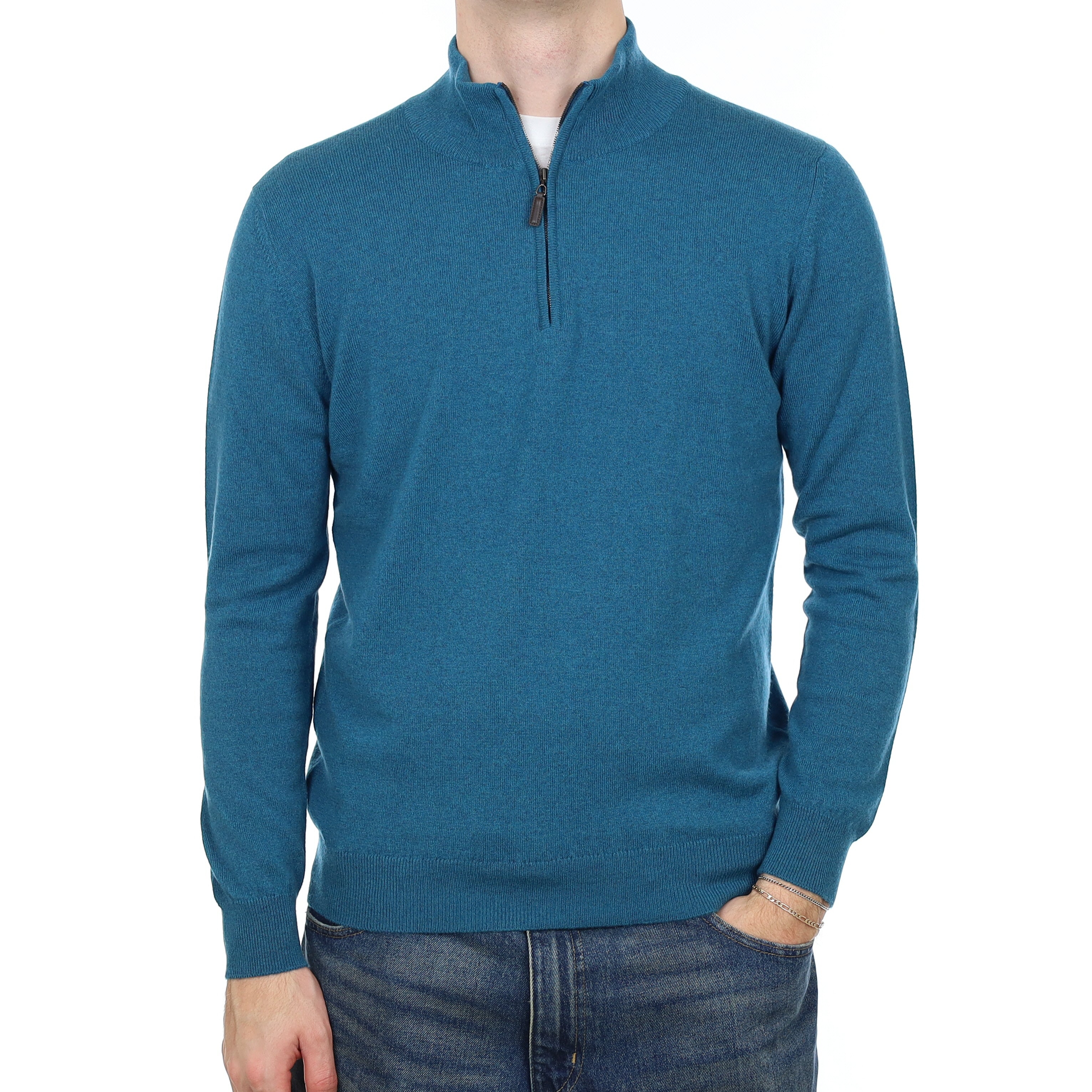 Men’s Brand New Scottish Teal Blue Cashmere 1/4 Zip Jumper Medium
