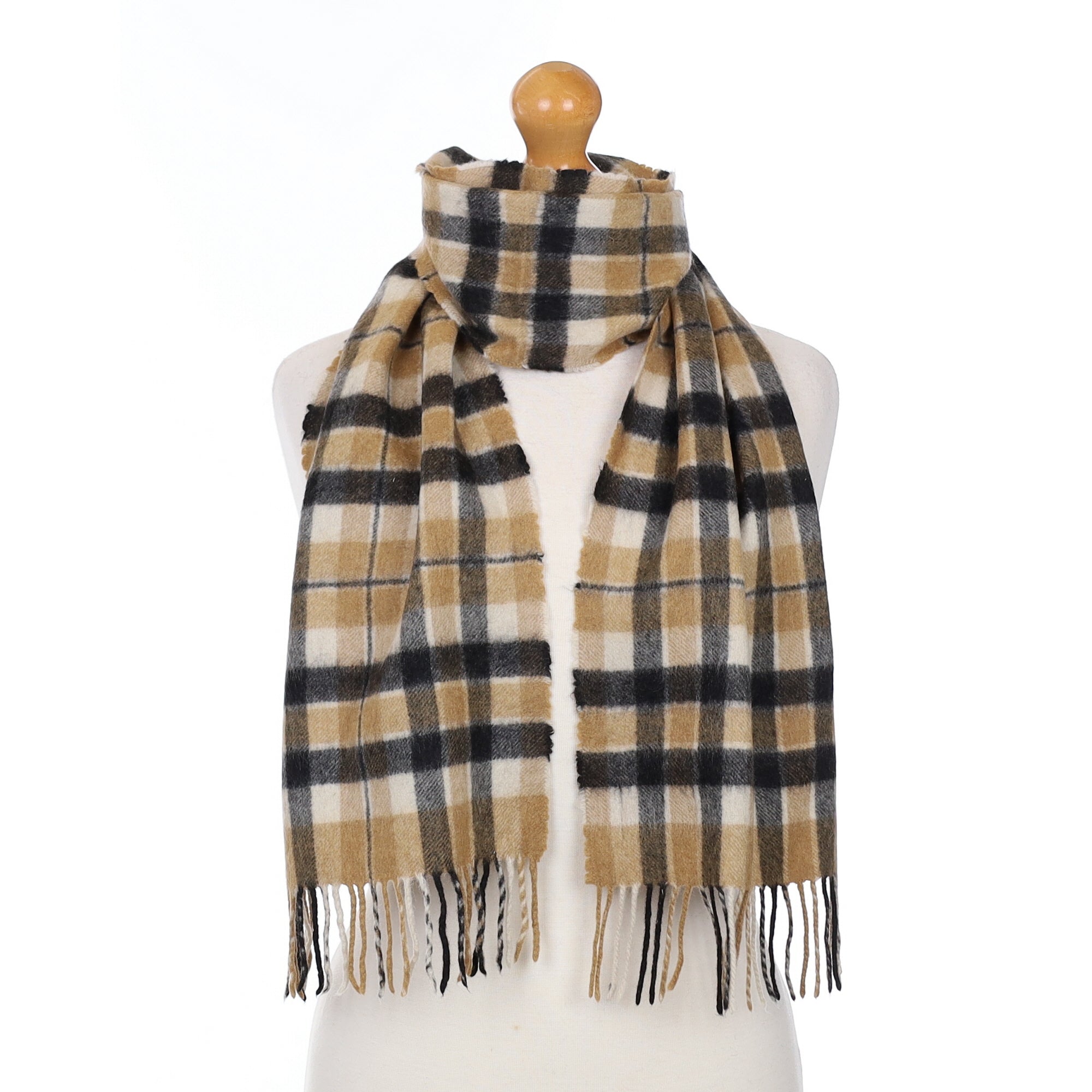 Caramel and Charcoal Plaid Cashmere Woven Scarf
