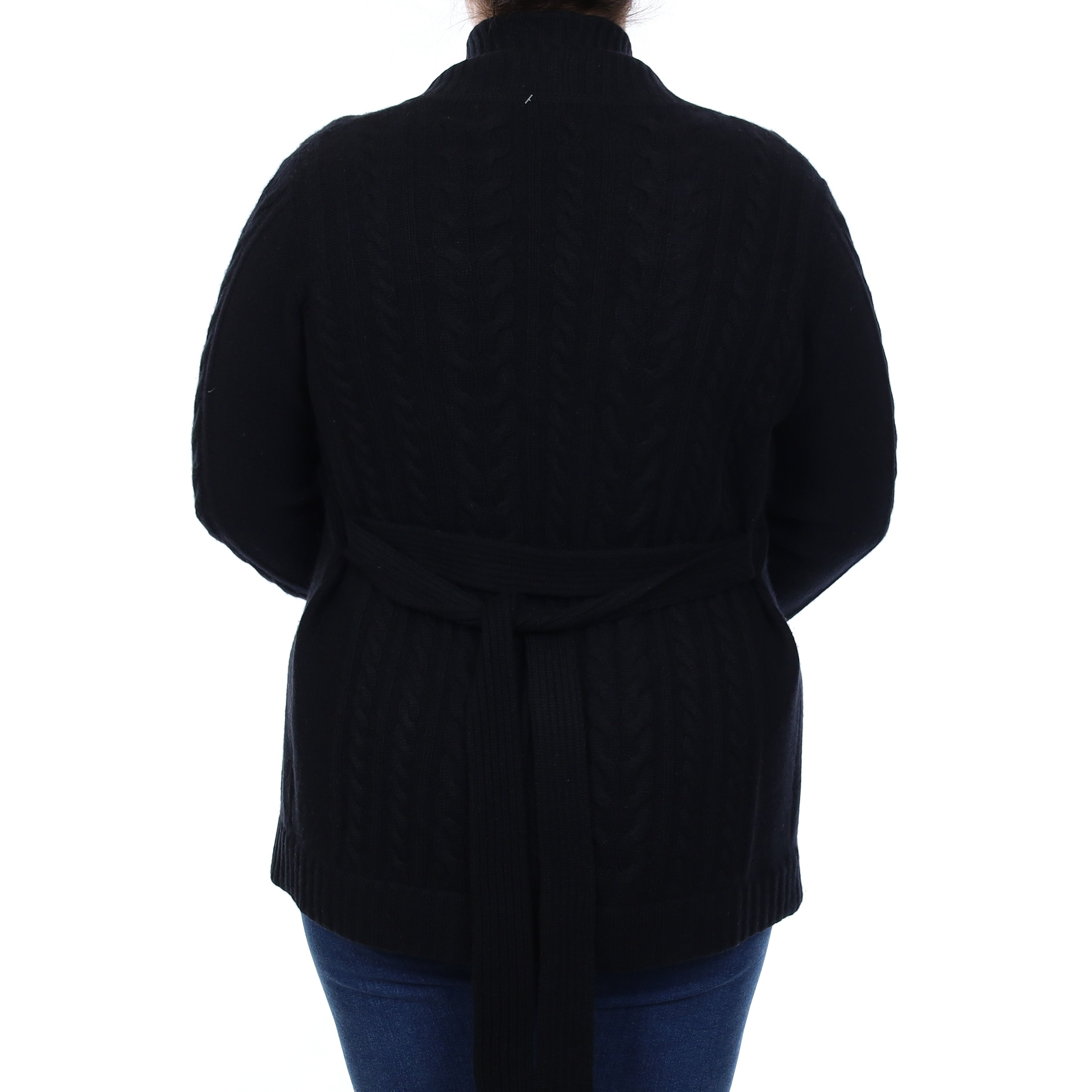 Black Chunky Cable Cashmere Cardigan with Belt Large