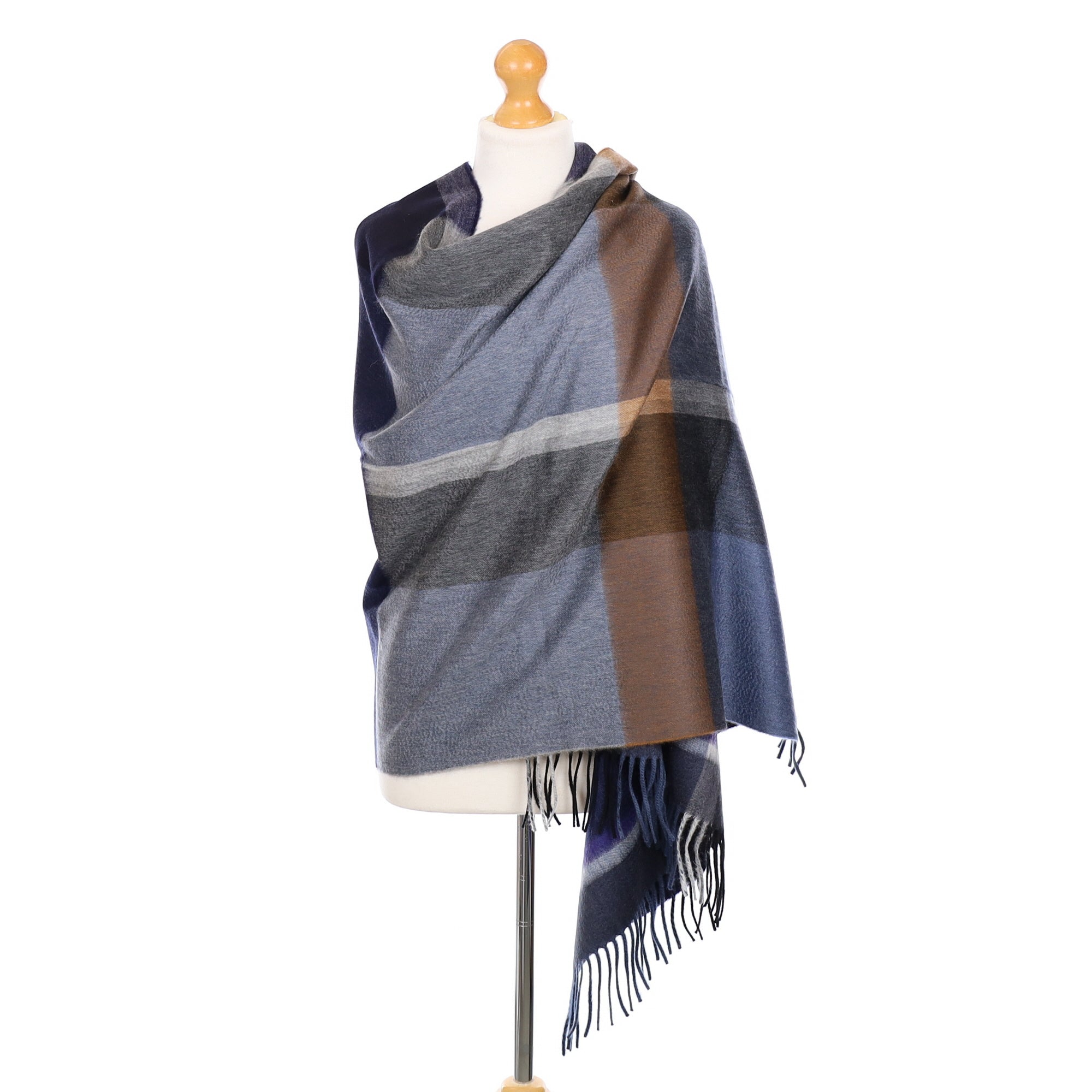 Scottish Begg & Co Navy Stripe and Check Luxury Woven Cashmere Wrap