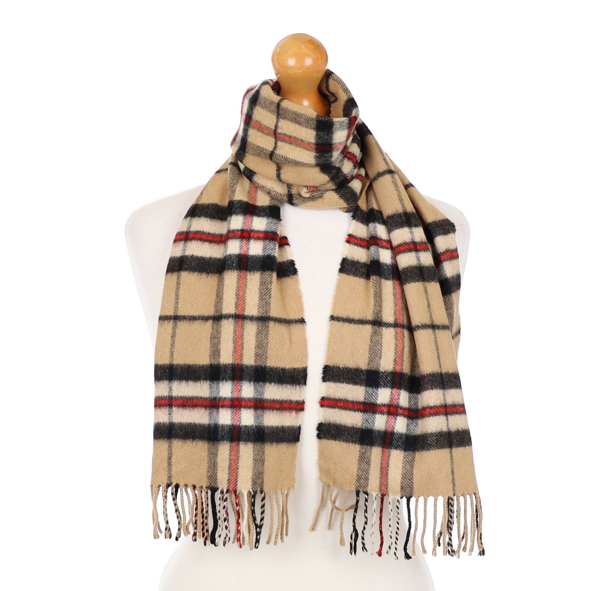 Scottish Camel and Black Tartan Cashmere Fringed Woven Scarf