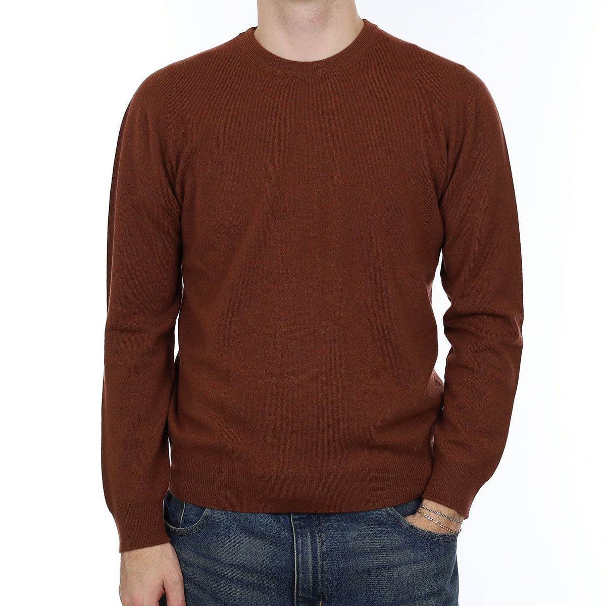 Men’s Brand New Scottish Rust Brown Cashmere Crew Neck Jumper Medium