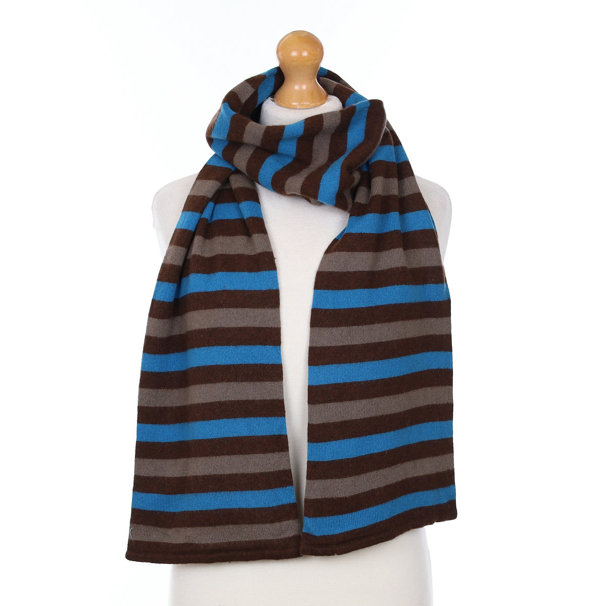 Scottish Brown And Azure Blue Cashmere Striped Knit Scarf