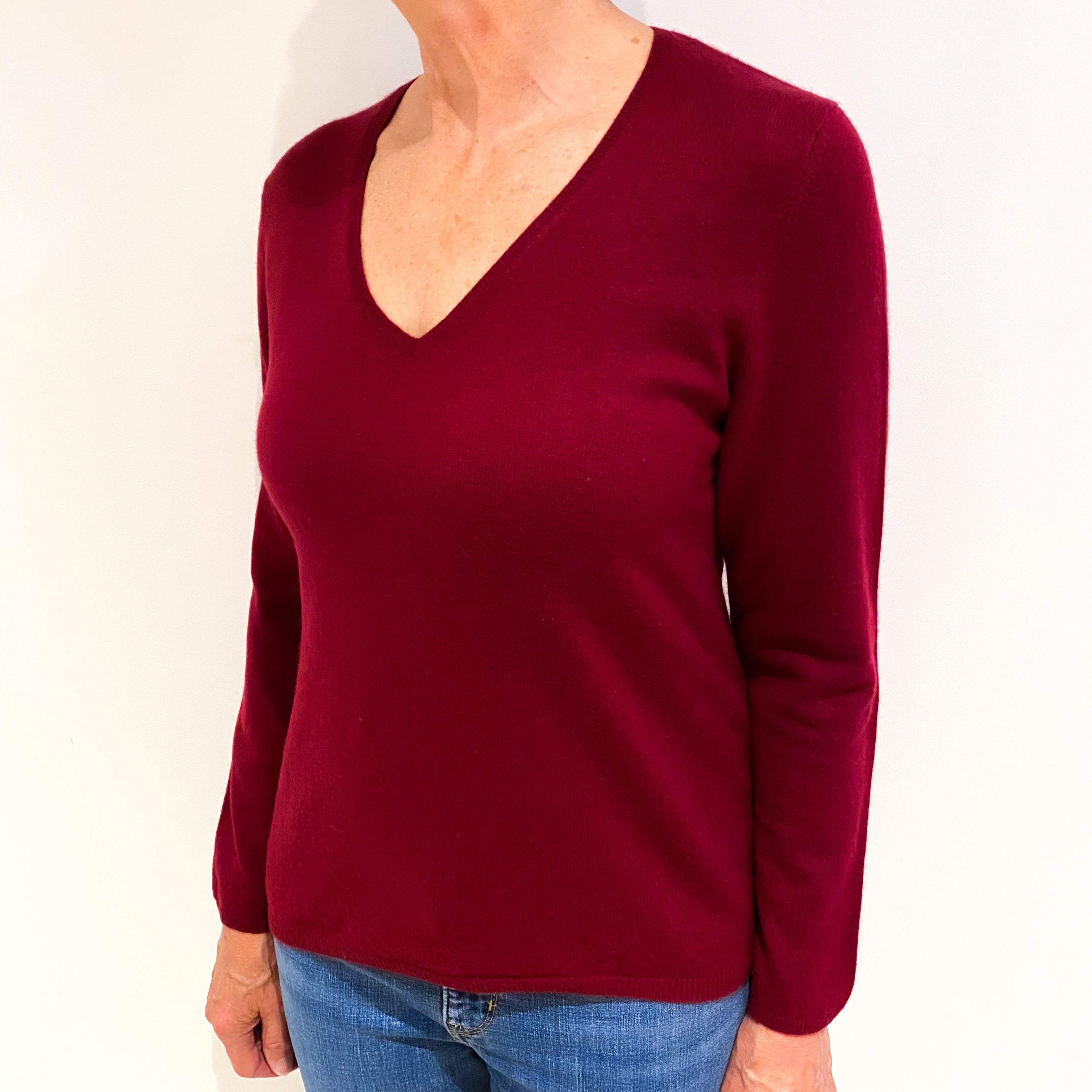 Burgundy Red Cashmere V Neck Jumper Medium