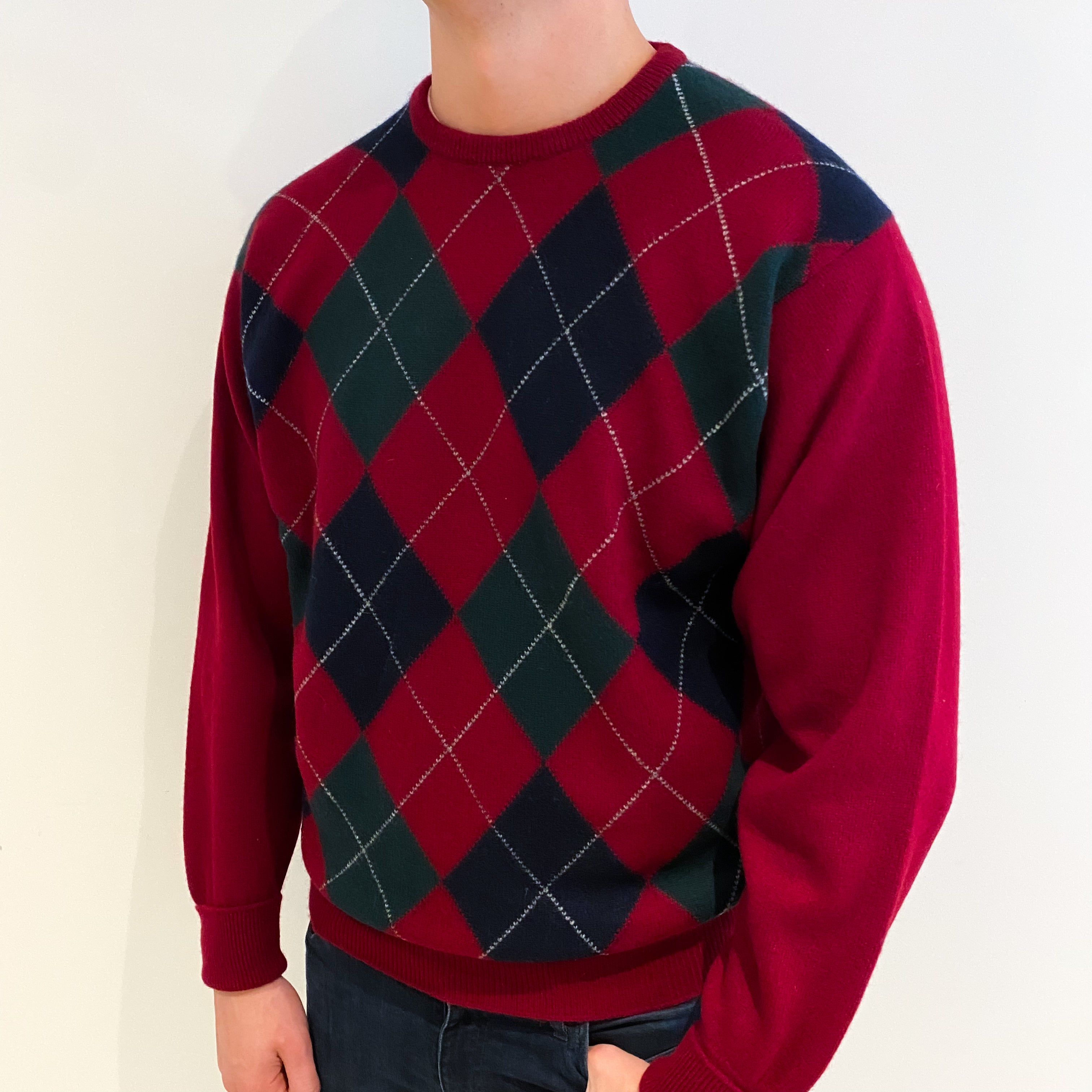 Men's Scottish Crimson Red Diamond Cashmere Crew Neck Jumper XXL