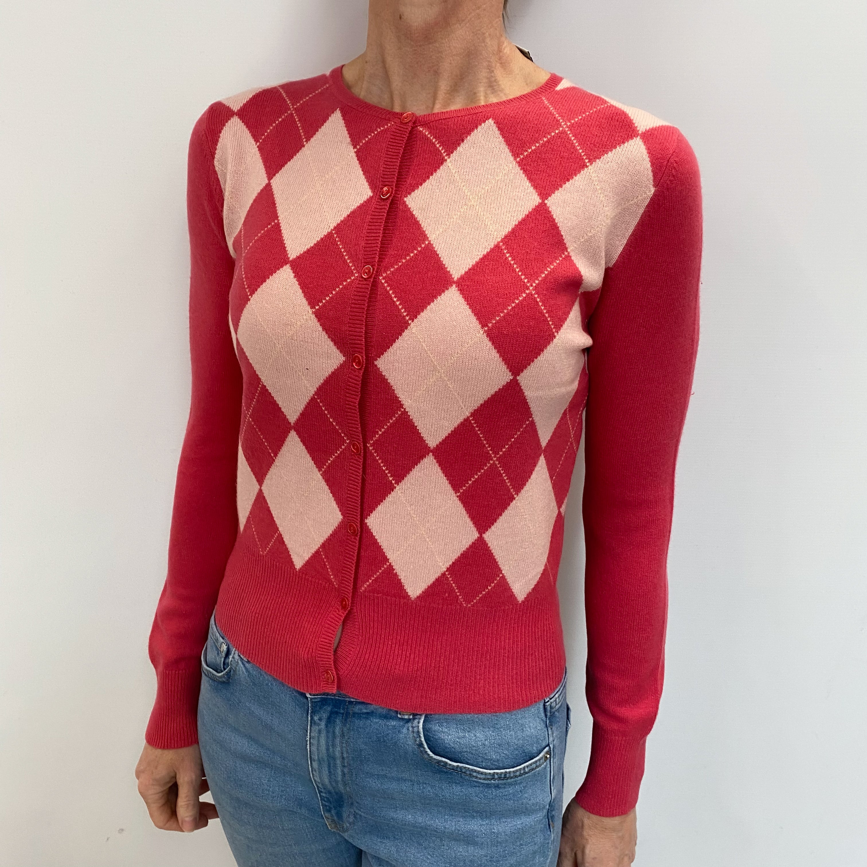 Raspberry Pink Argyle Cashmere Crew Neck Cardigan Small
