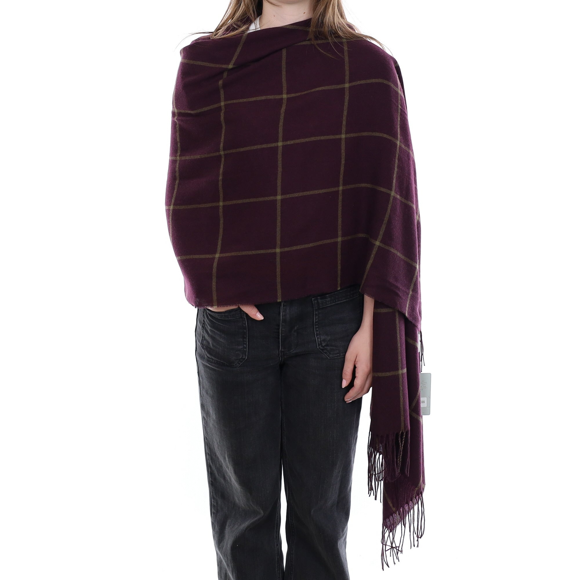 Brand New British Aubergine and Camel Check Luxury Woven Cashmere Pashmina