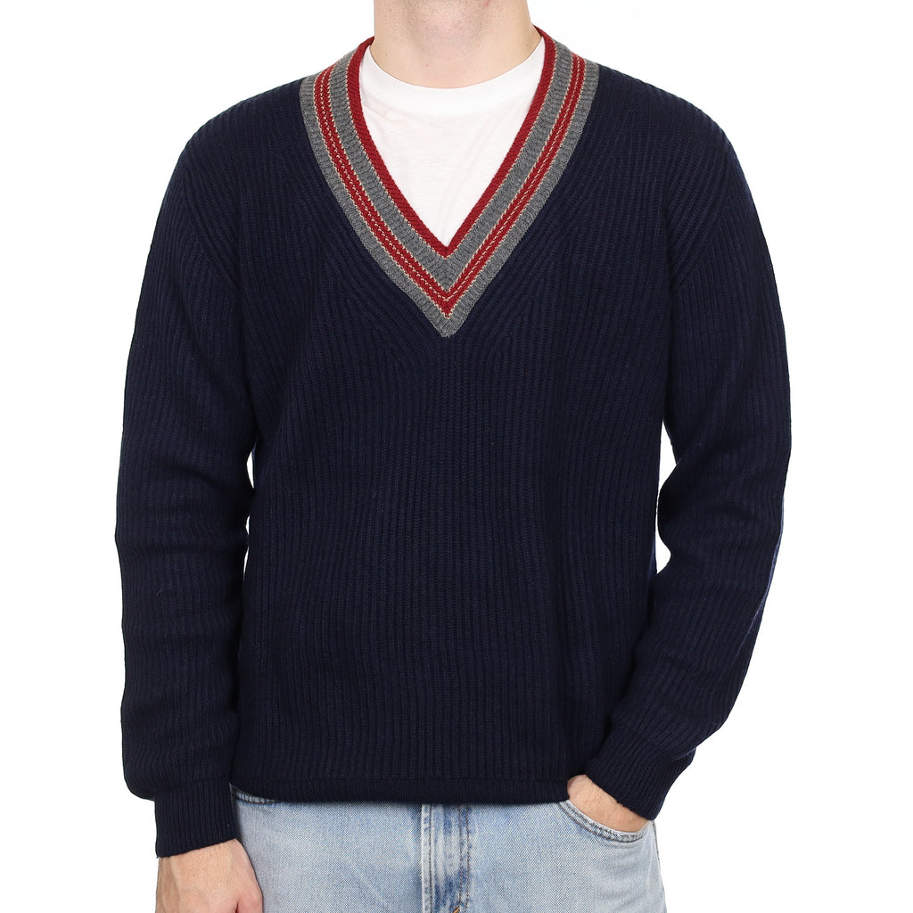 Men's Scottish Navy Chunky Ribbed Cashmere V Neck Jumper Medium