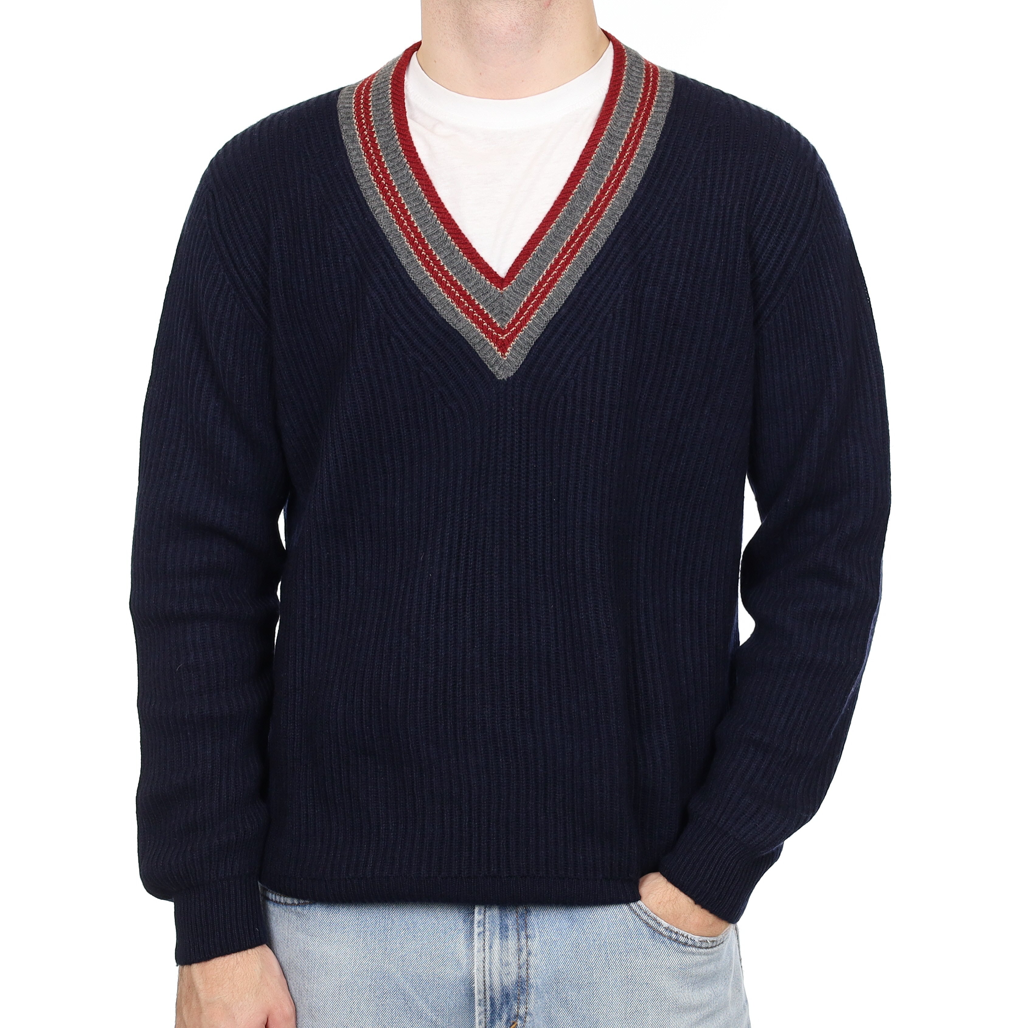 Men's Scottish Navy Chunky Ribbed Cashmere V Neck Jumper Medium