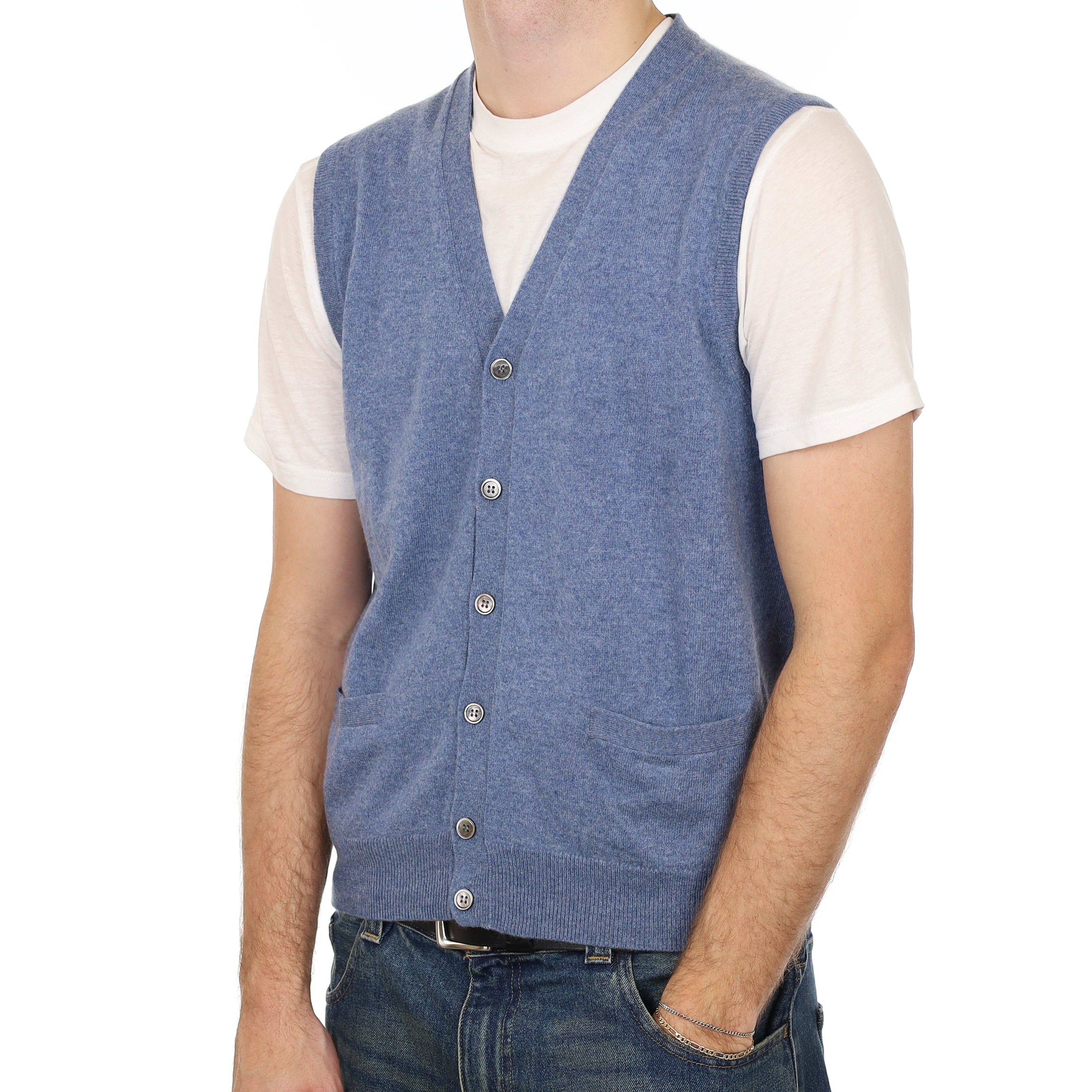 Men’s Denim Blue Cashmere V Neck Waistcoat with Pockets Medium